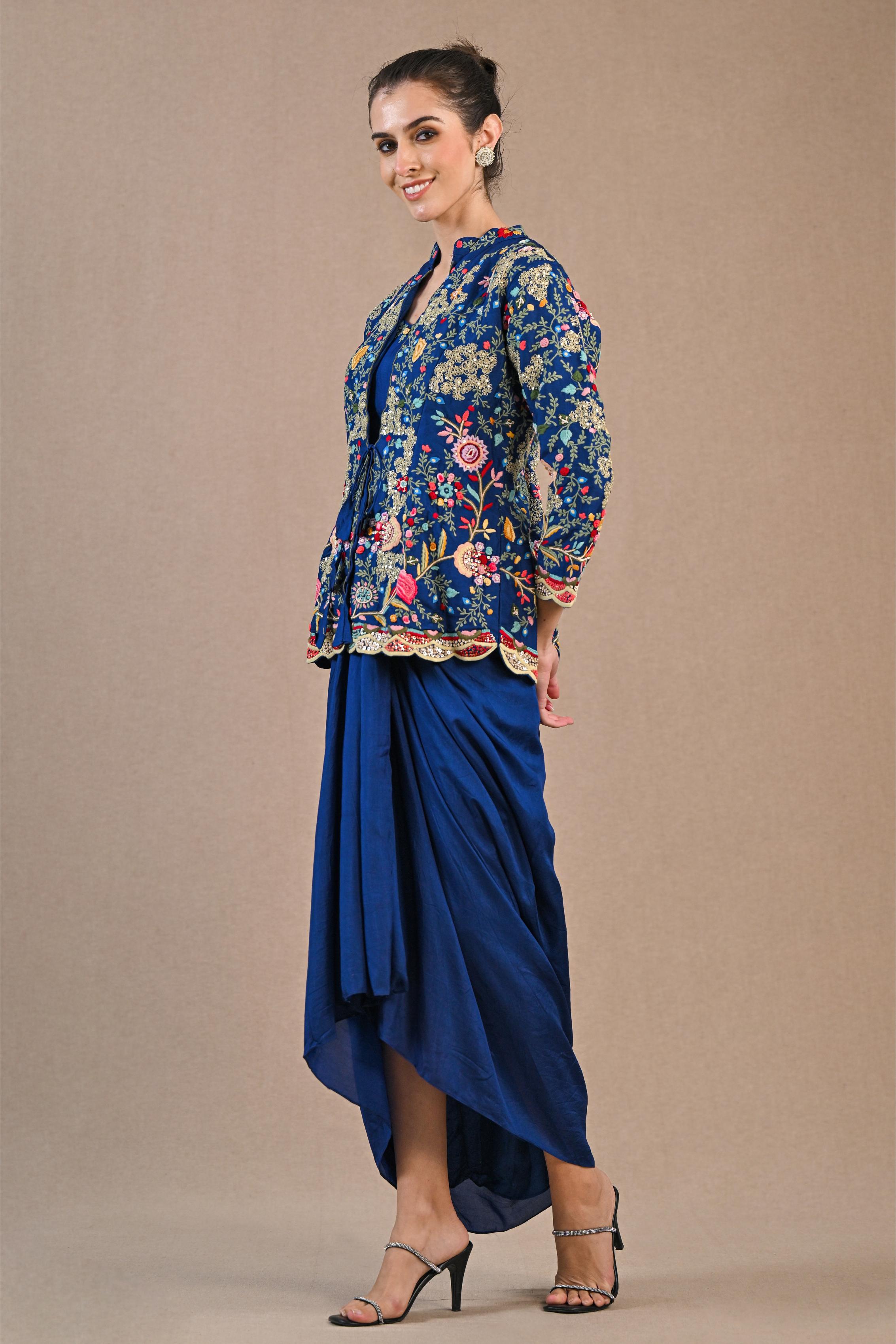 Blue Floral Embroidered Raw Silk Skirt Set