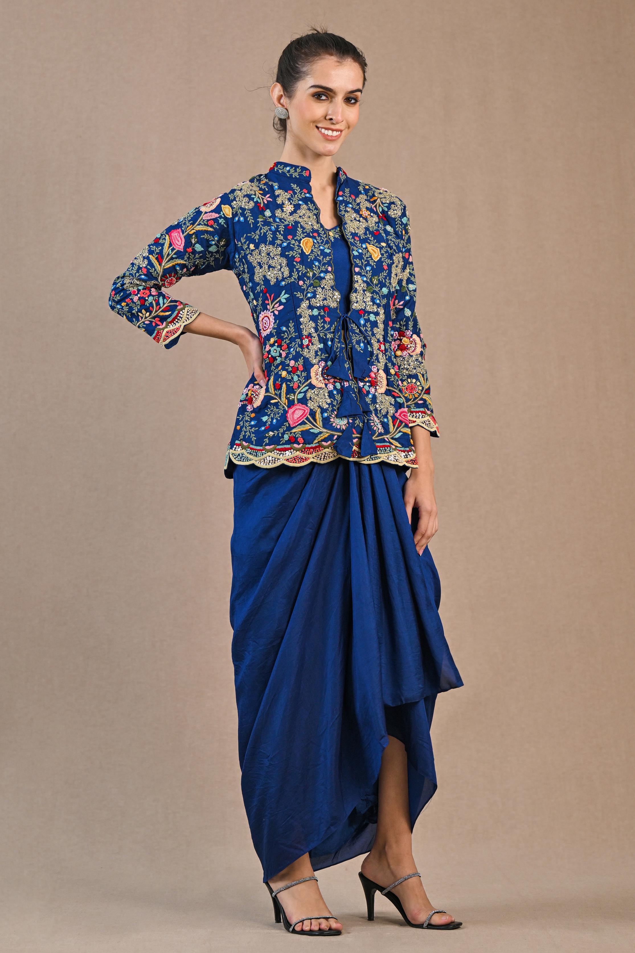 Blue Floral Embroidered Raw Silk Skirt Set