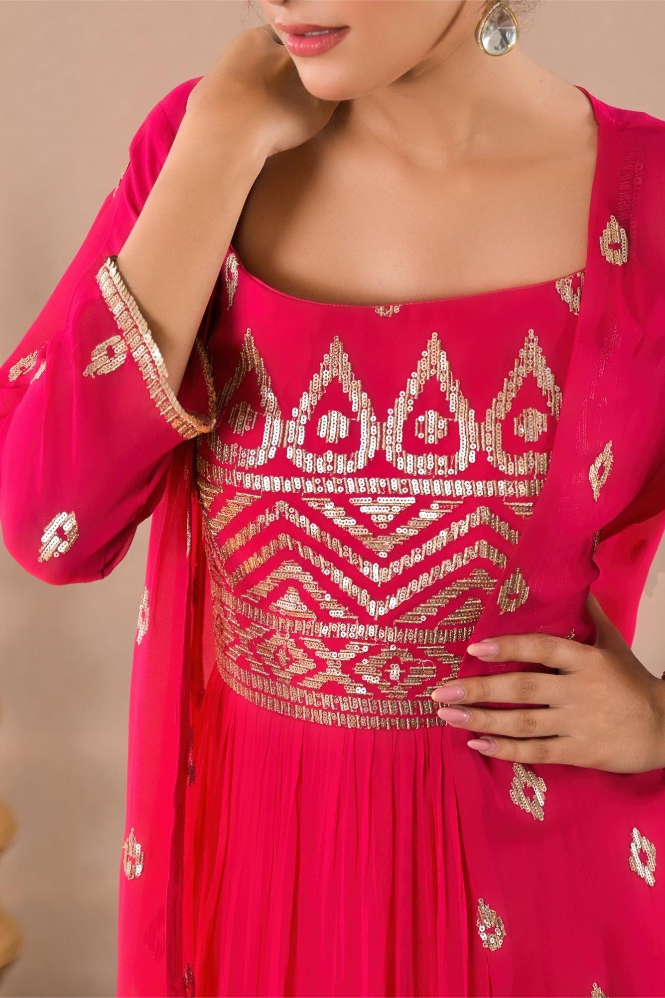 Rani Pink Sequin Embroidered Georgette Silk Cape Gown