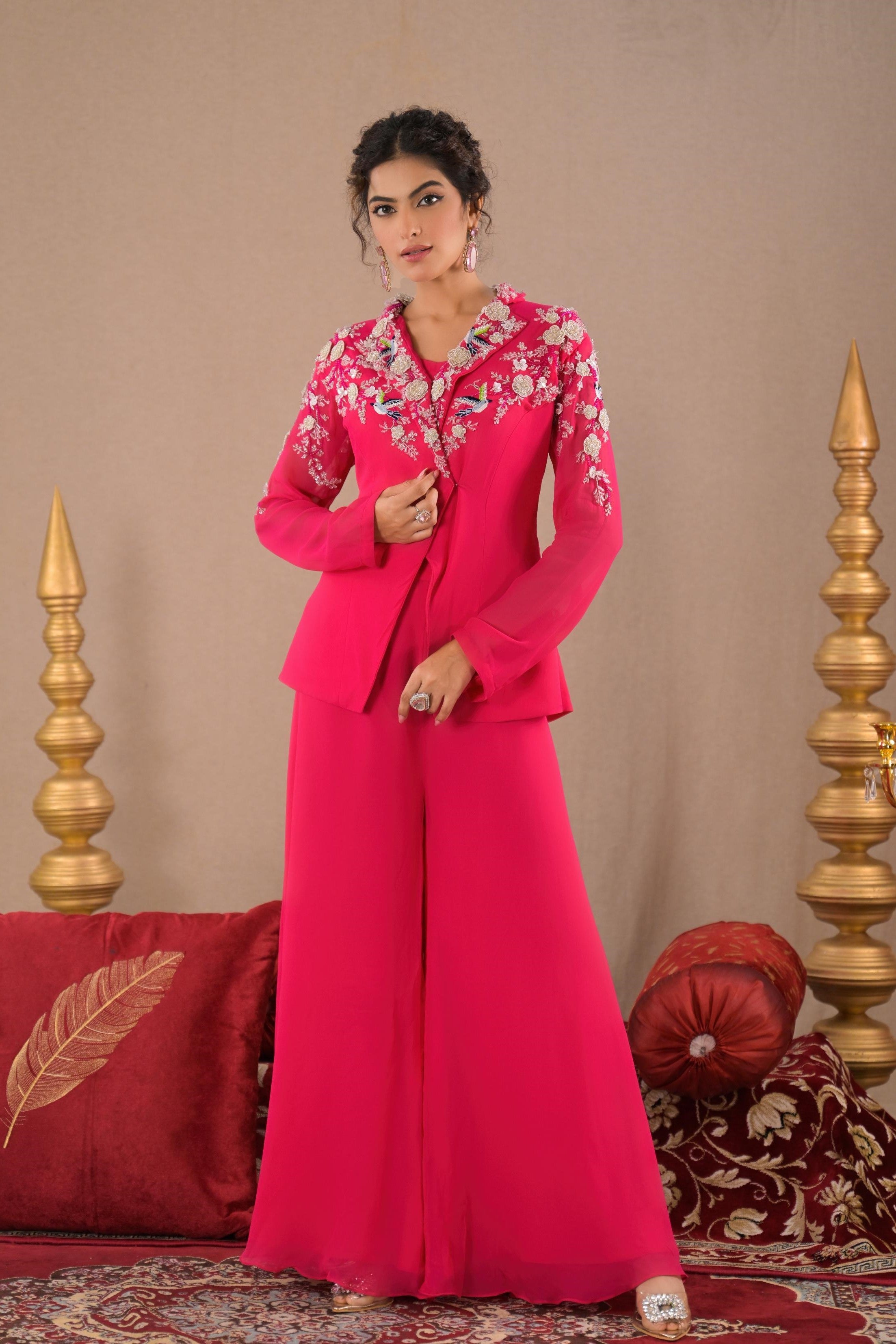 Hot Pink Embroidered Georgette Silk Jacket & Palazzo Set