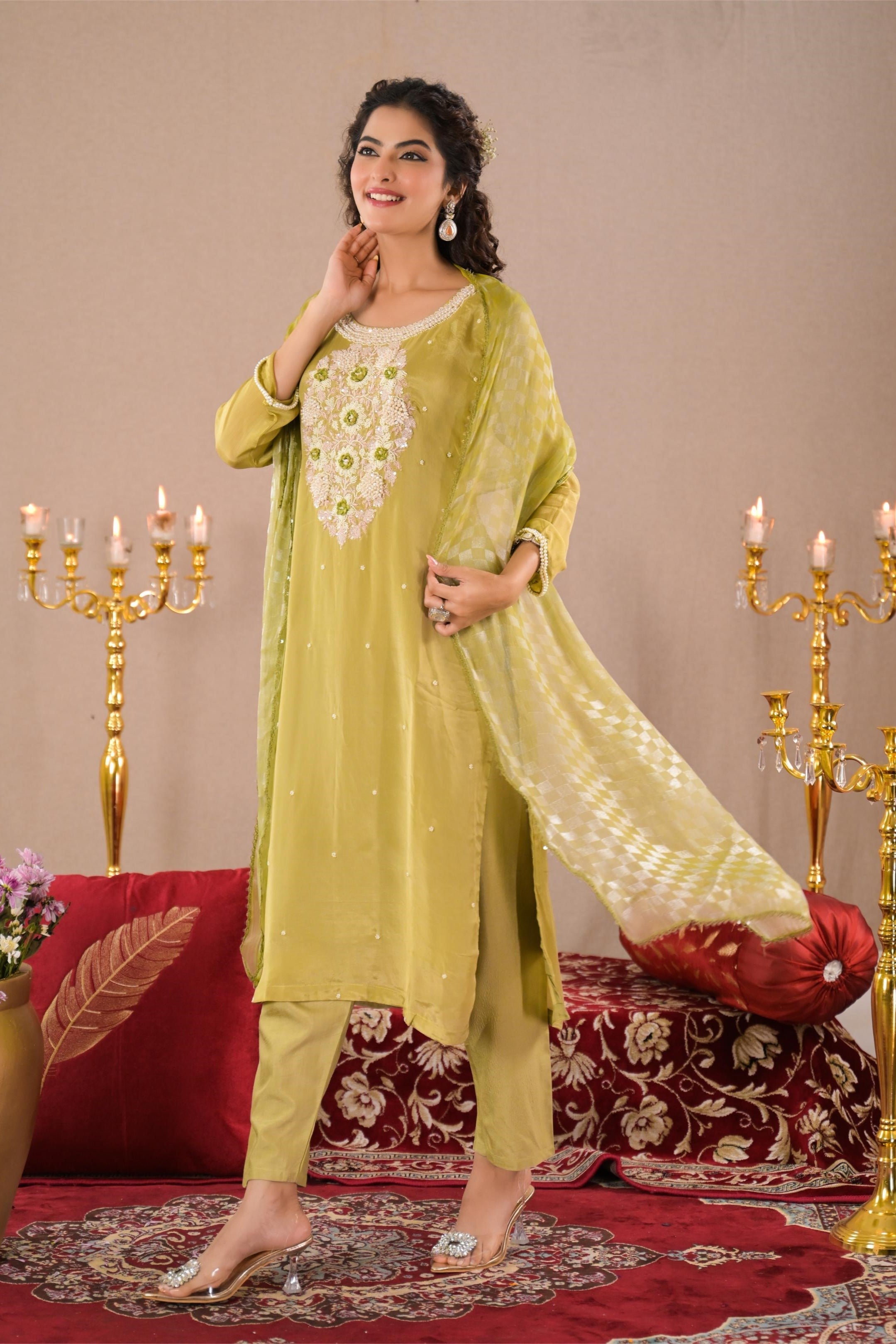 Light Green Embroidered Chinon Silk Pants Set