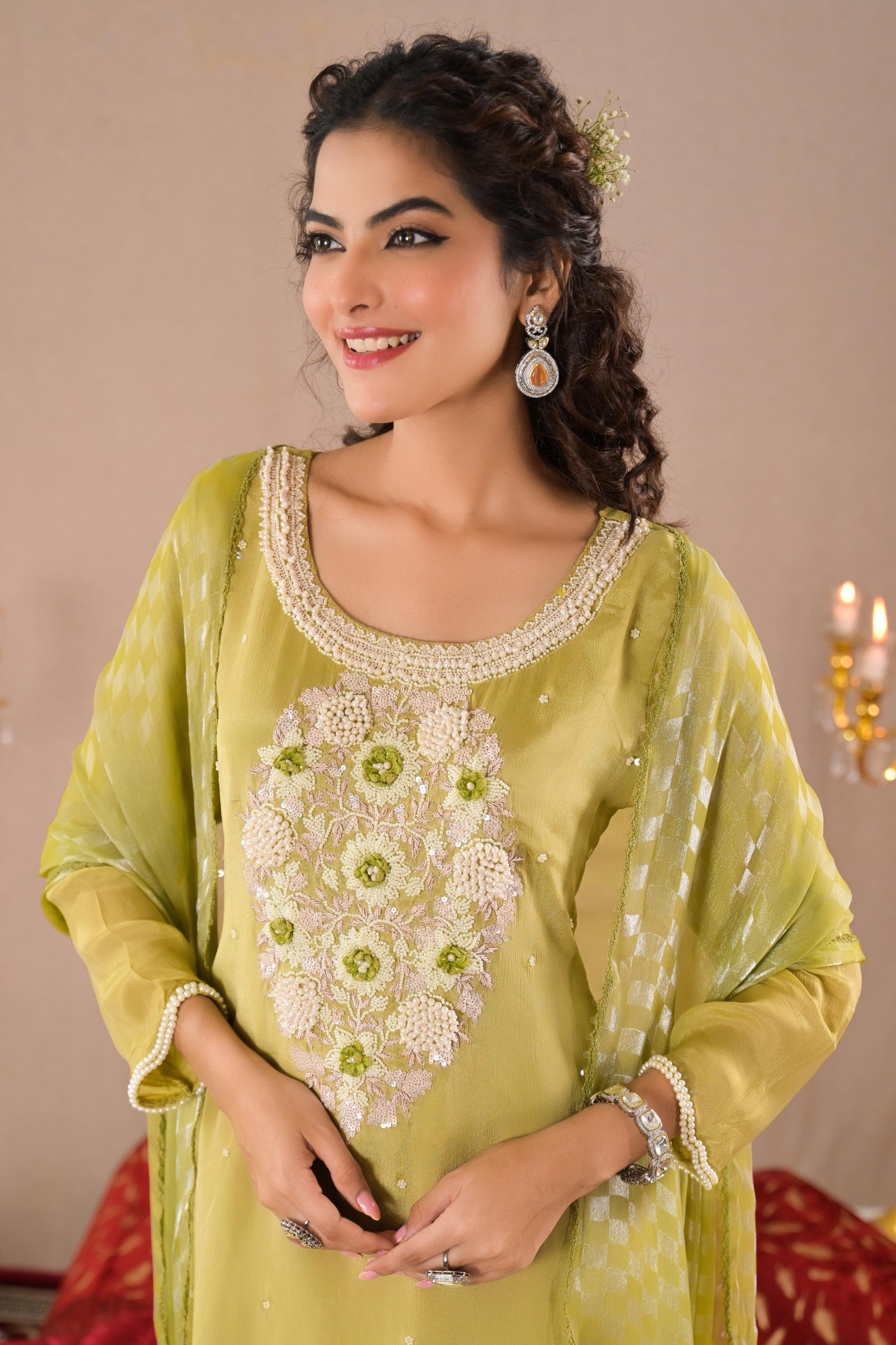 Light Green Embroidered Chinon Silk Pants Set