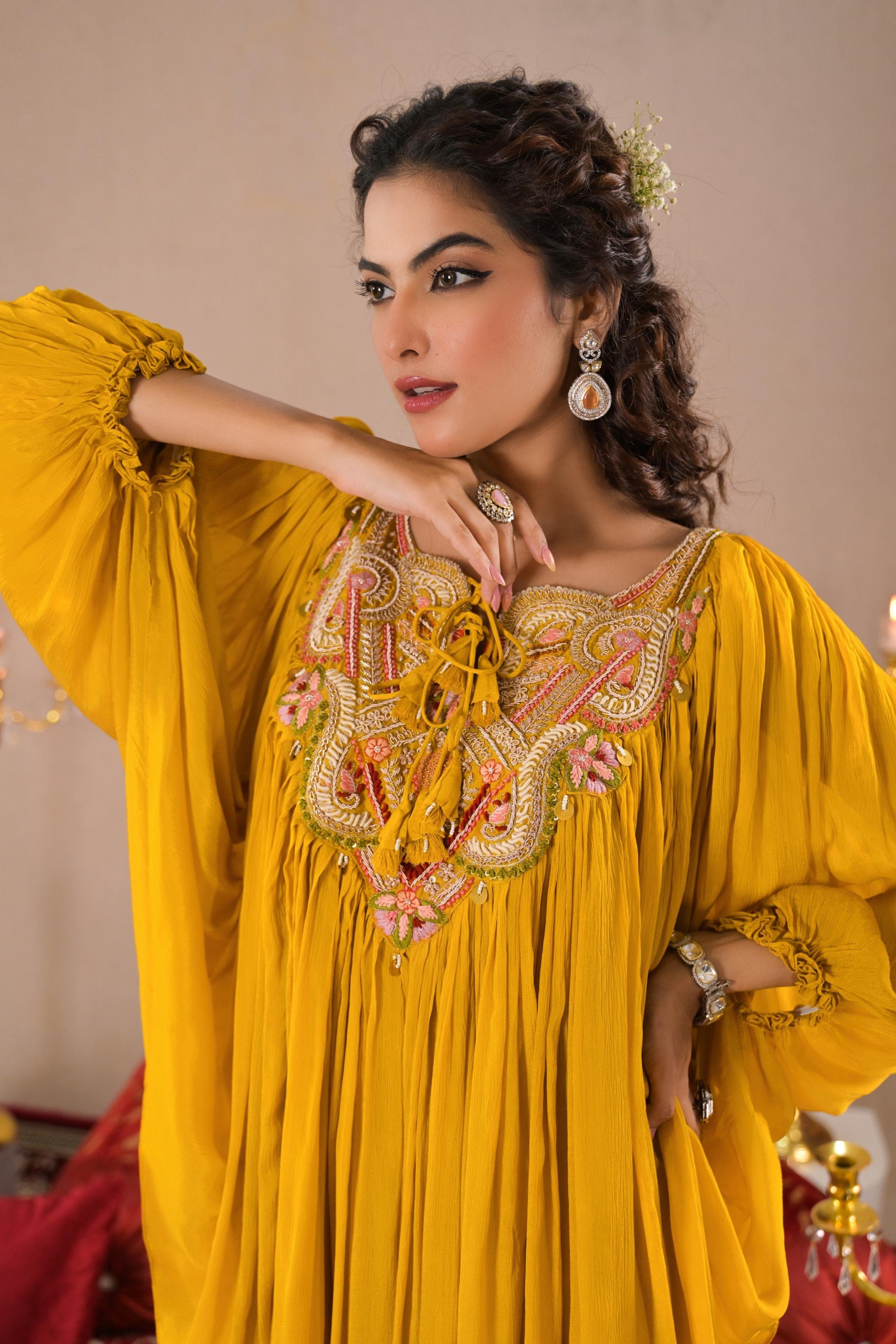 Classic Yellow Embroidered Chinon Silk Tunic & Palazzo Set