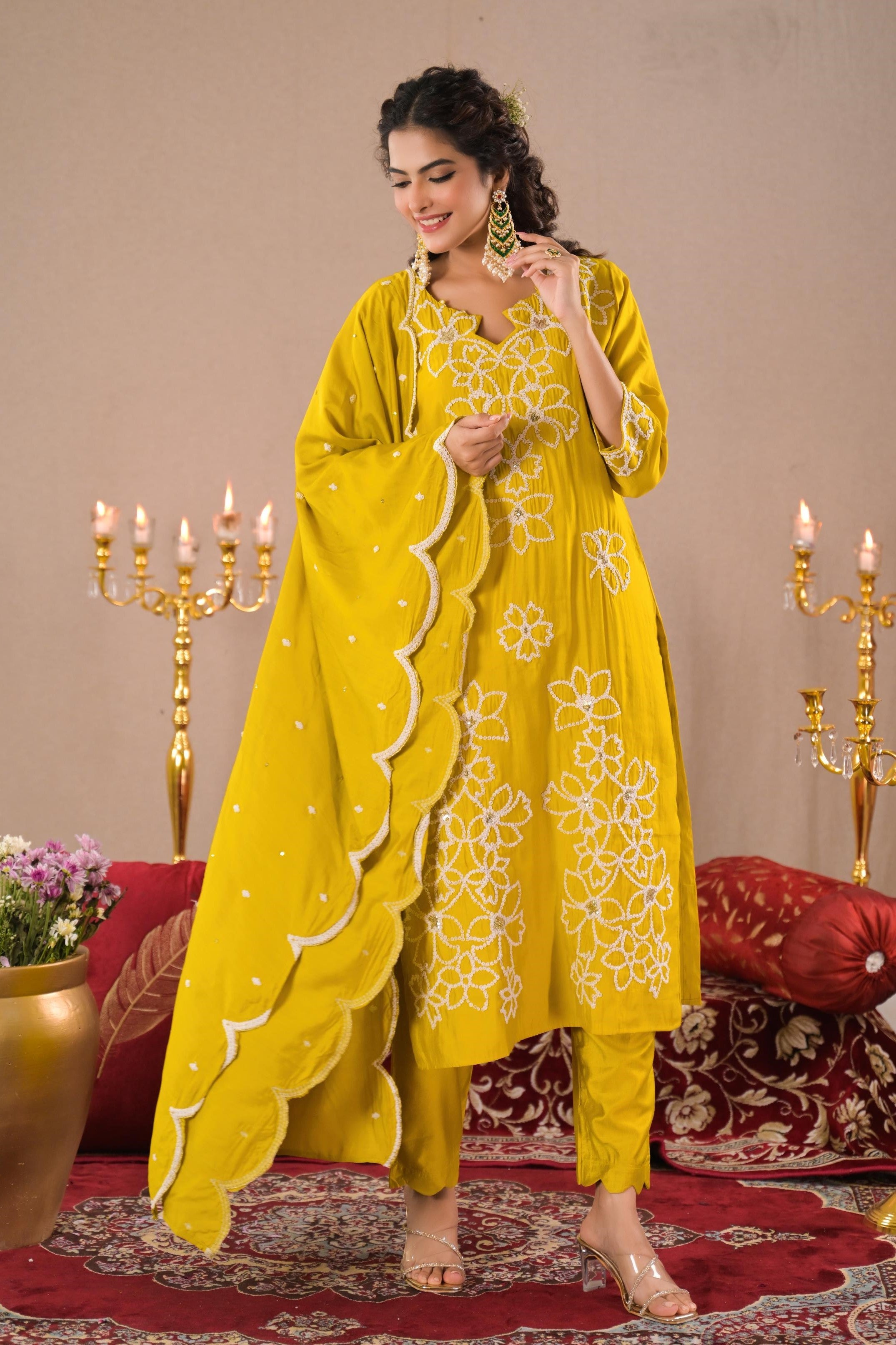 Bright Yellow Embroidered Organza Silk Pants Set