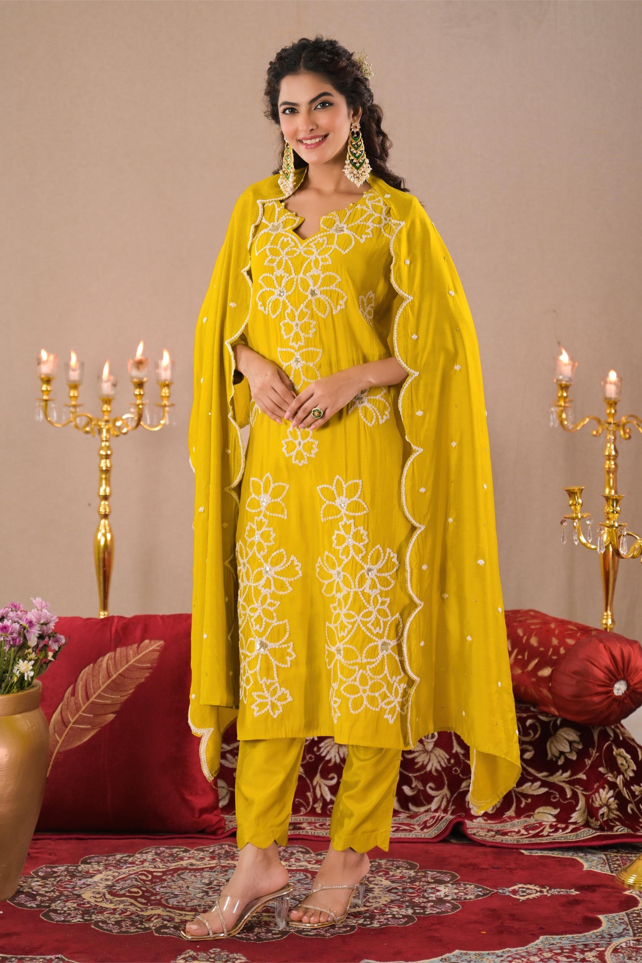 Bright Yellow Embroidered Organza Silk Pants Set