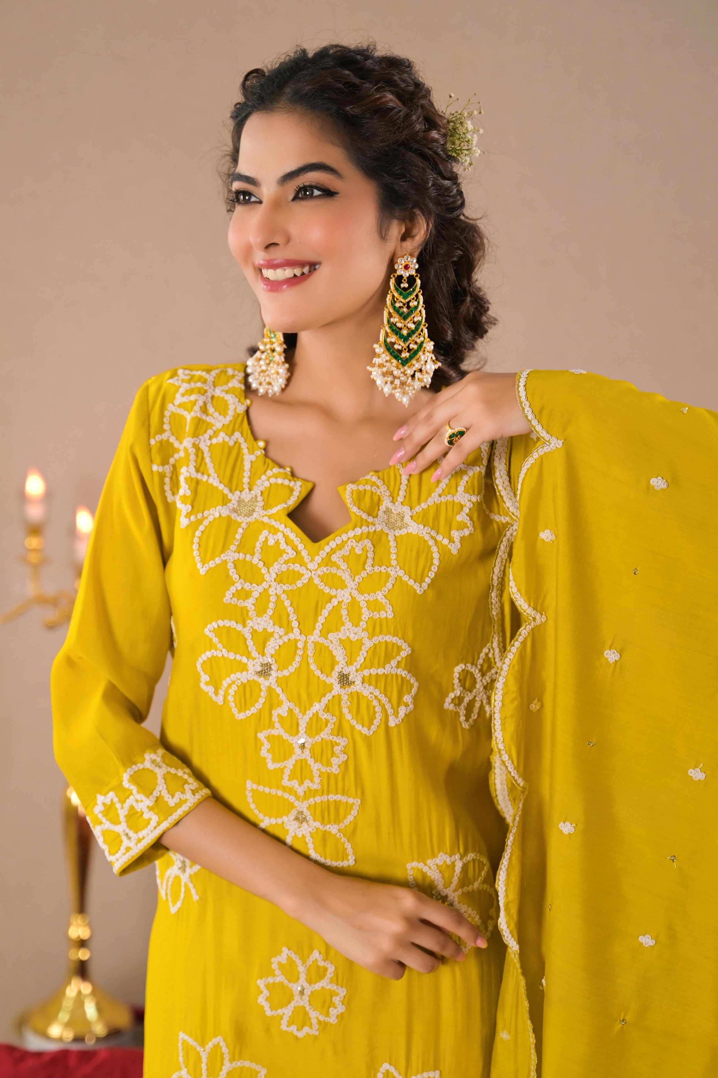 Bright Yellow Embroidered Organza Silk Pants Set