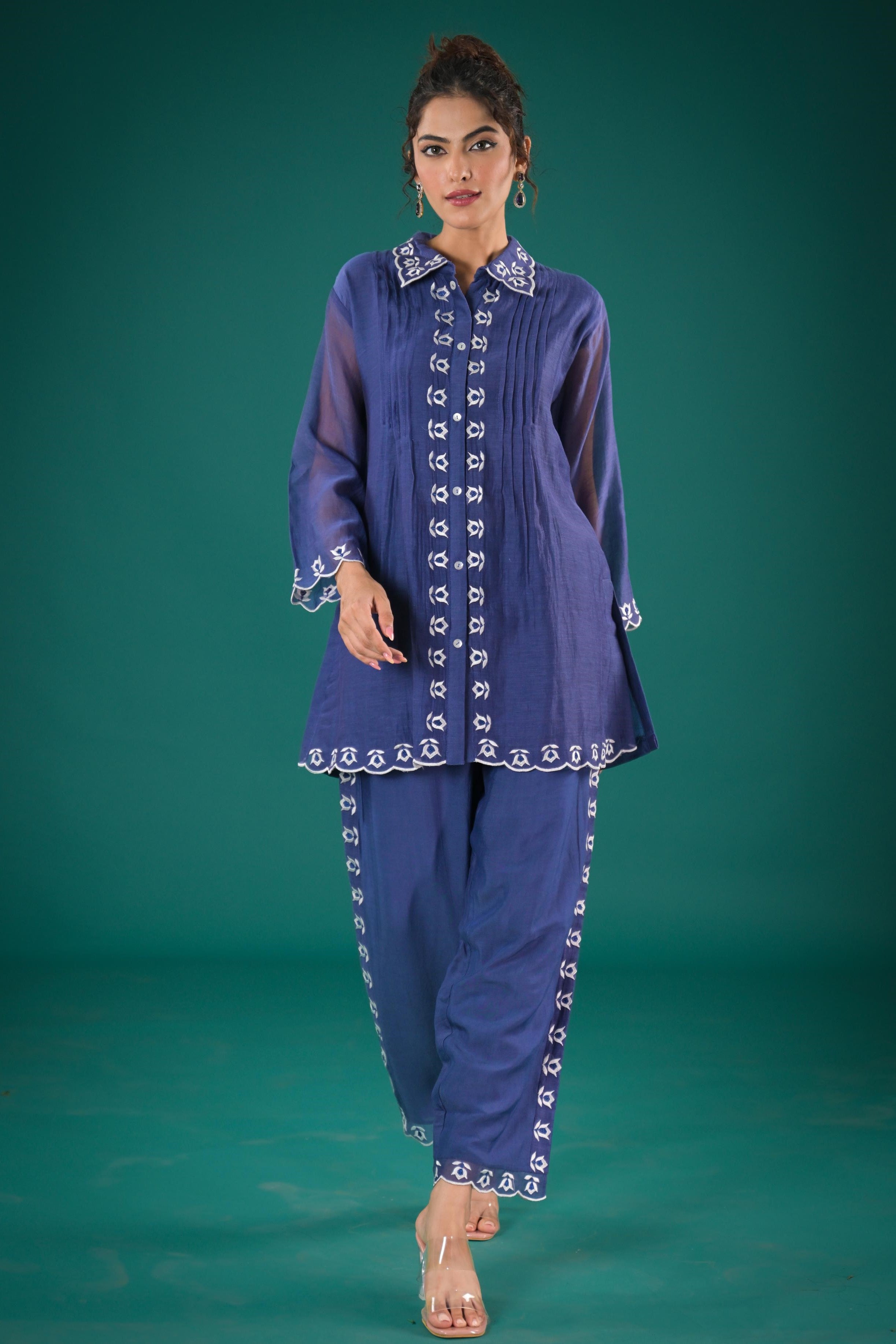 Blue Embroidered Tissue Silk Co-Ord Set