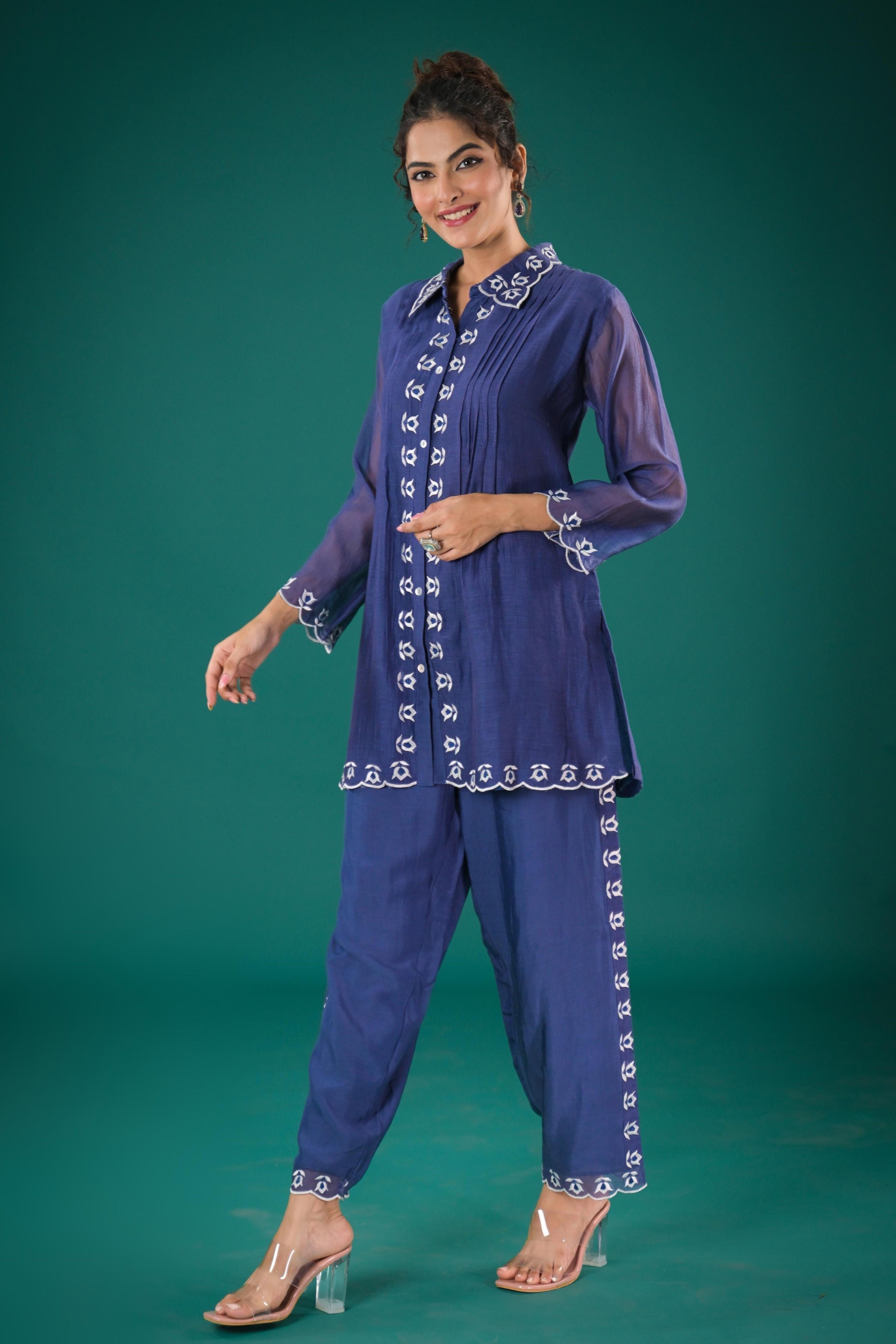 Blue Embroidered Tissue Silk Co-Ord Set