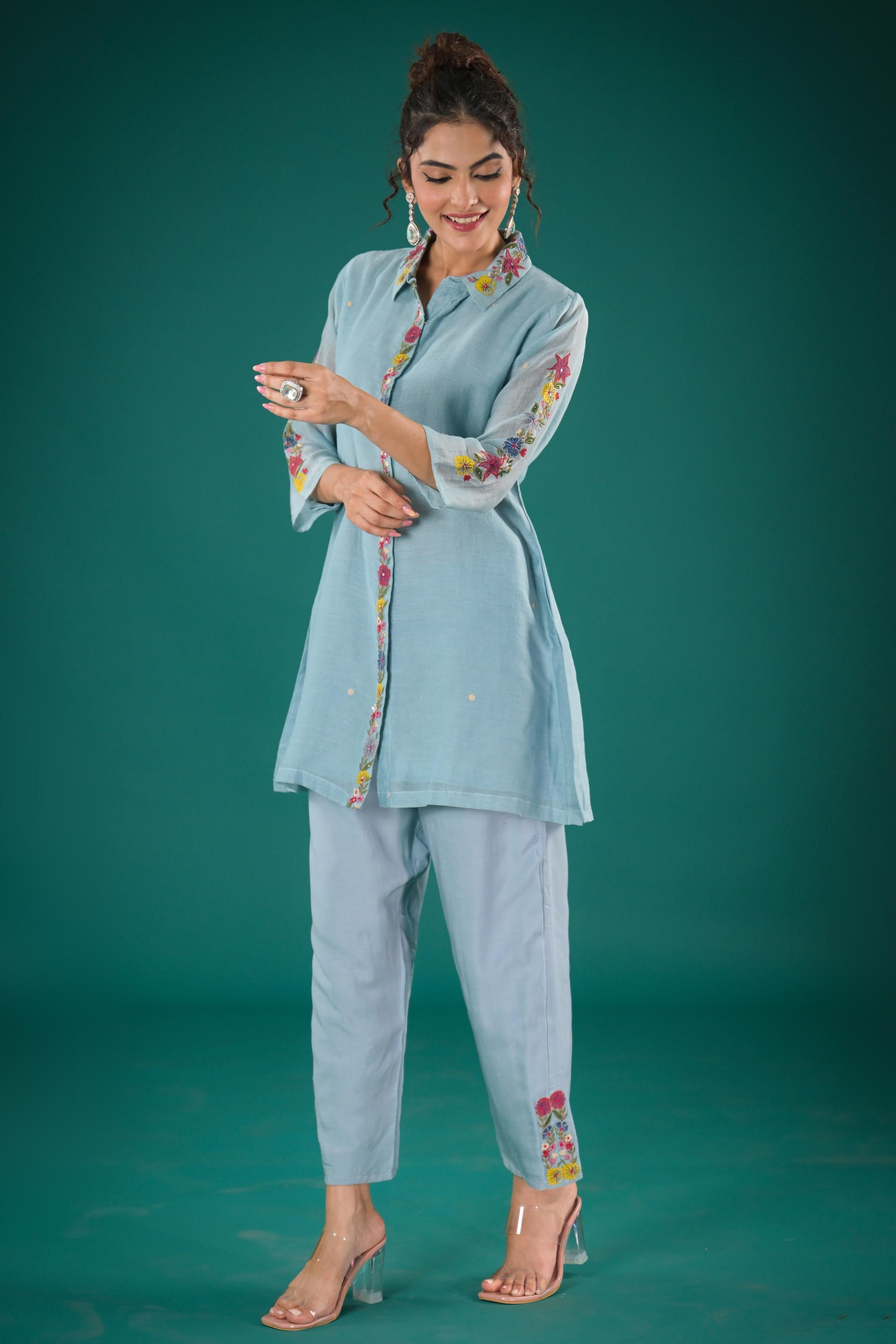 Light Teal Embroidered Tissue Organza Silk Co-Ord Set