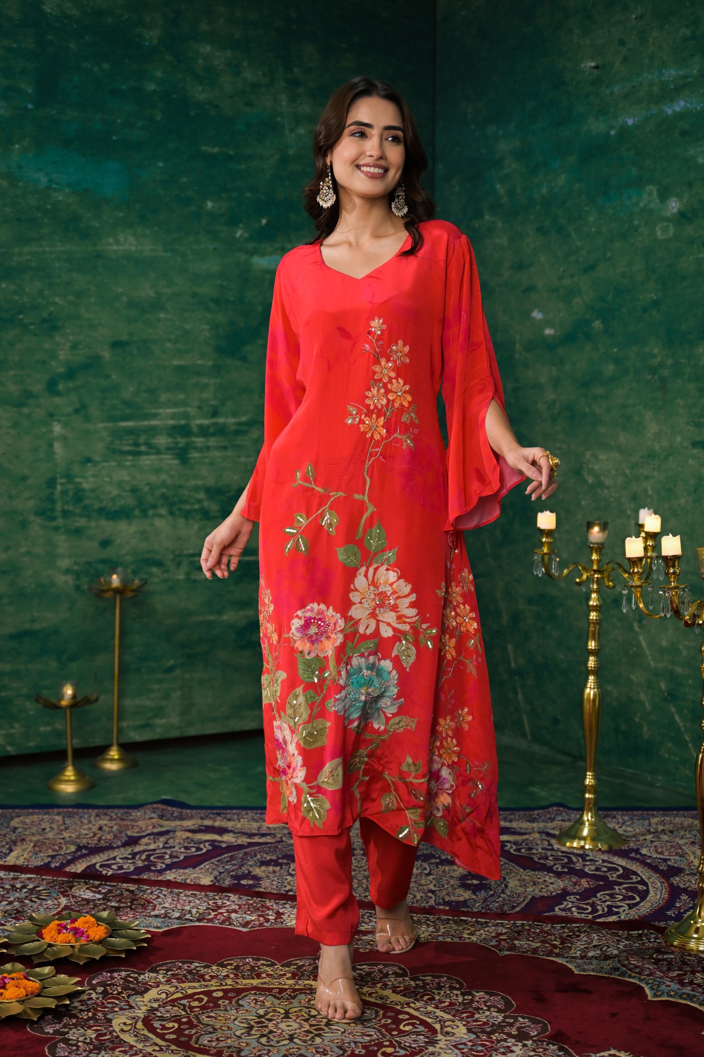 Scarlet Red Floral Printed Crepe Silk Kurta Set