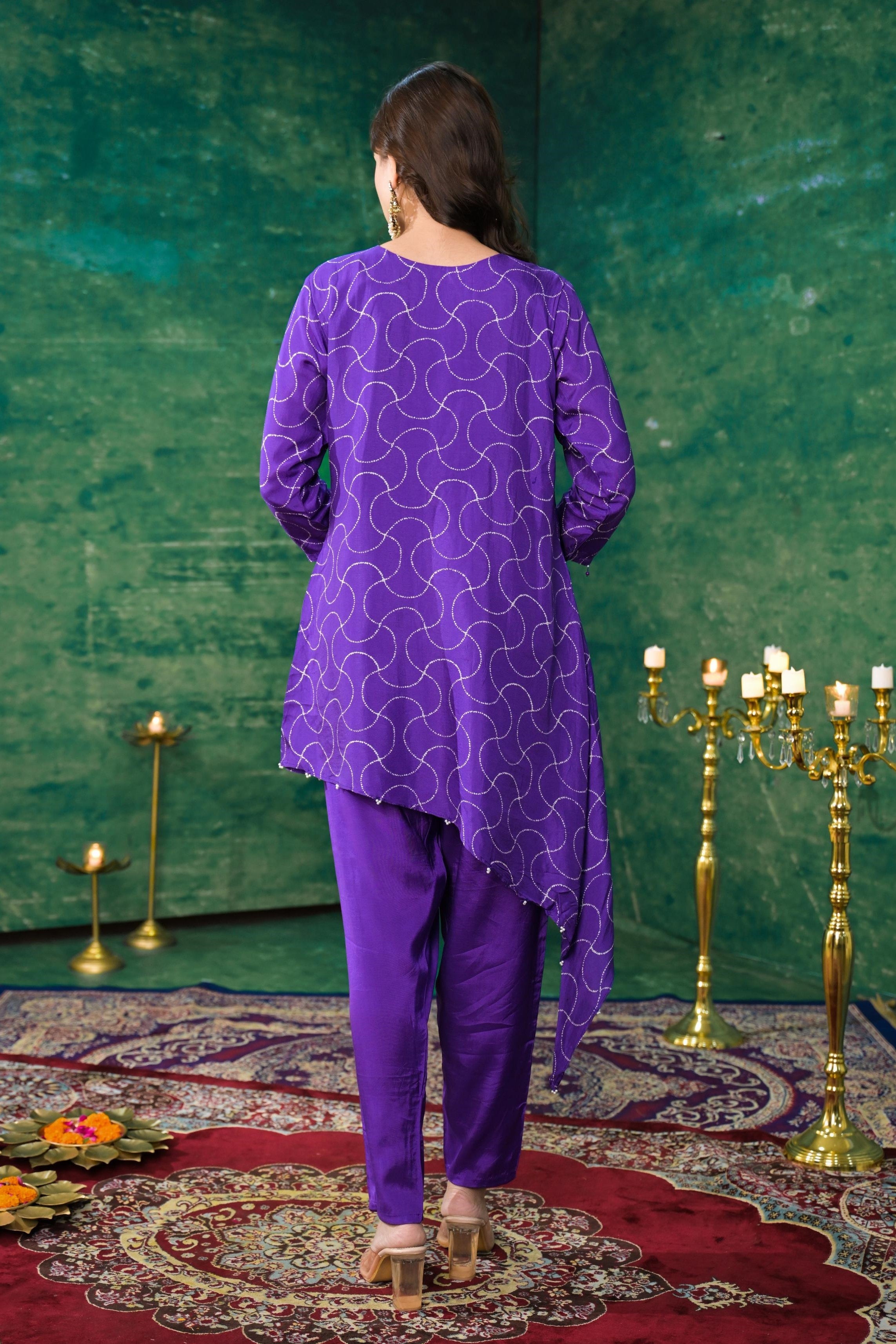 Purple Printed German Silk Kurta Set