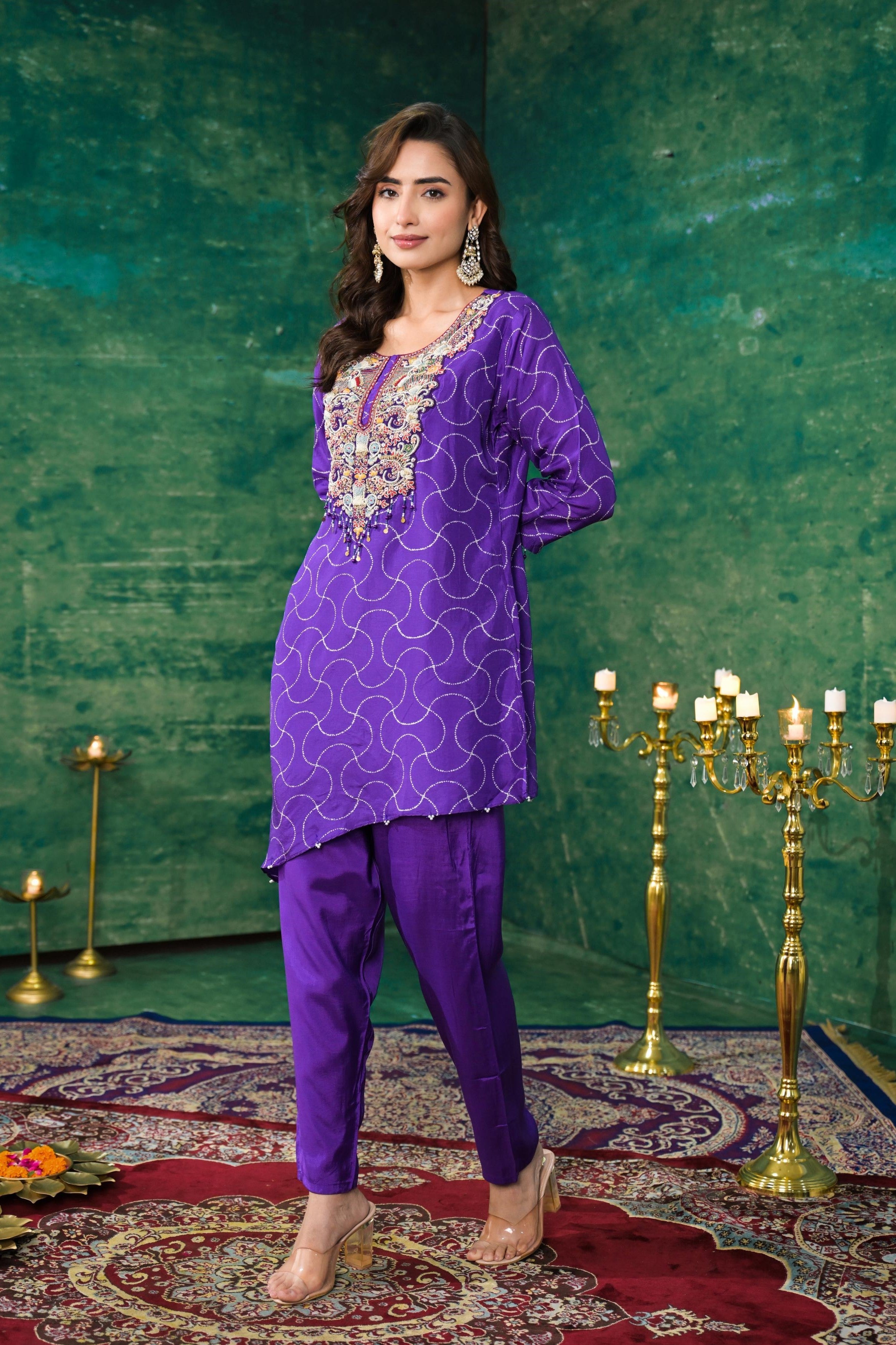 Purple Printed German Silk Kurta Set