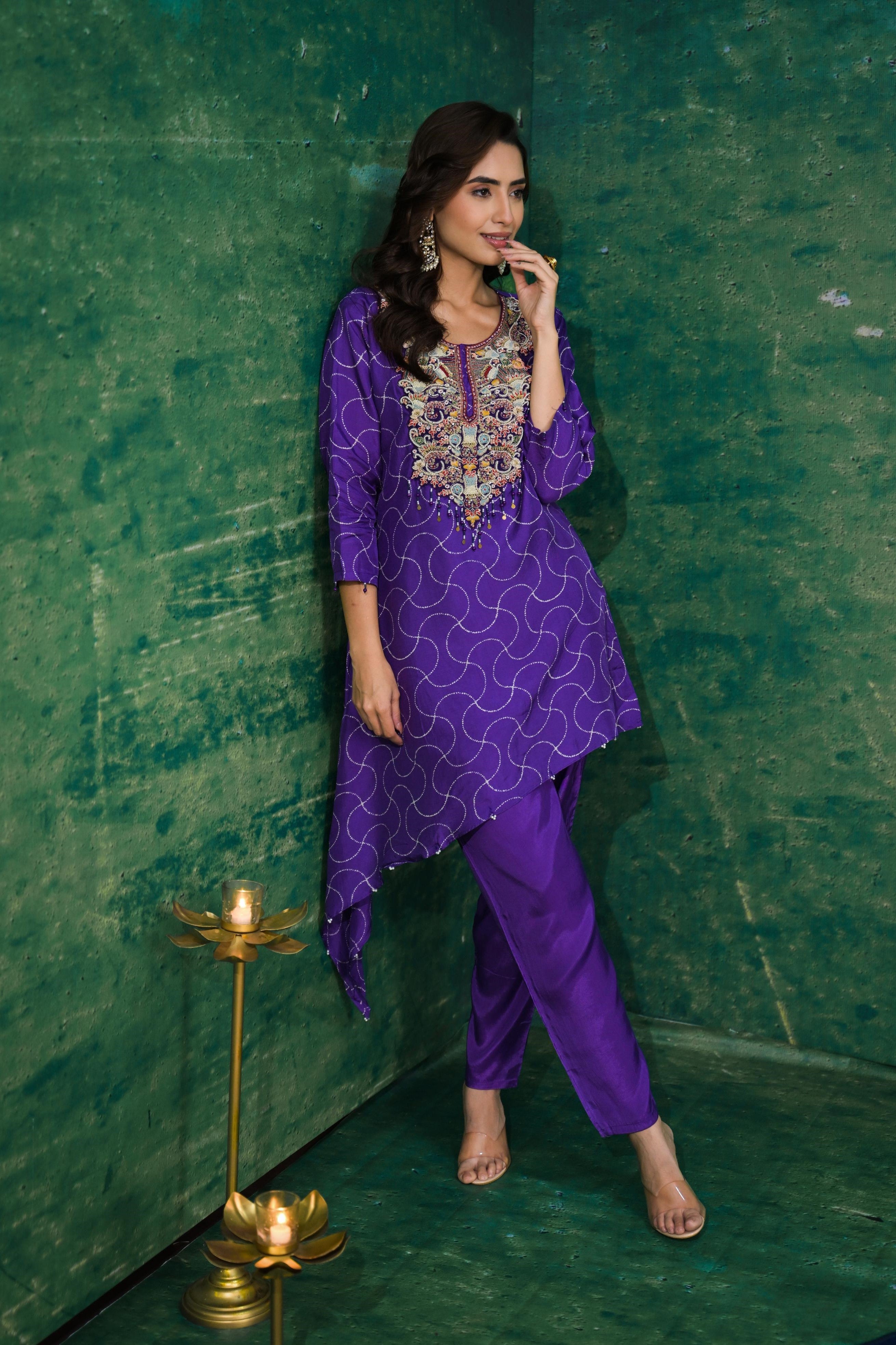 Purple Printed German Silk Kurta Set