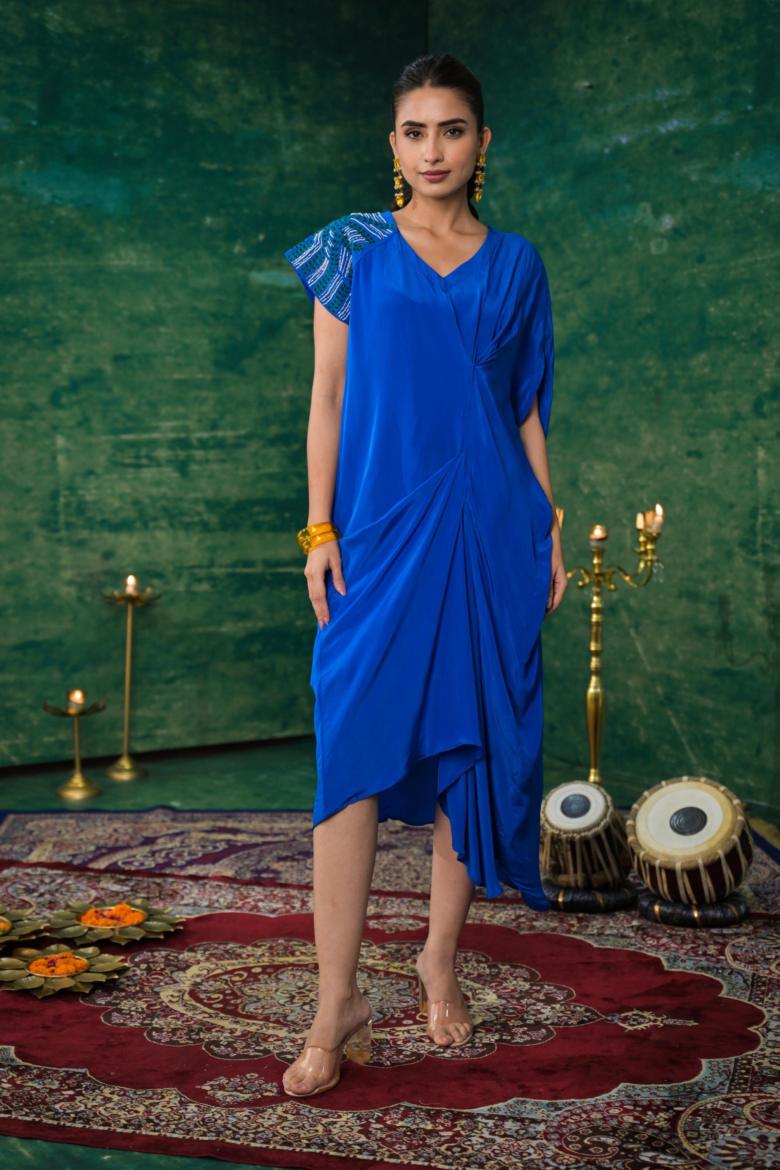 Blue Premium Silk Draped Dress