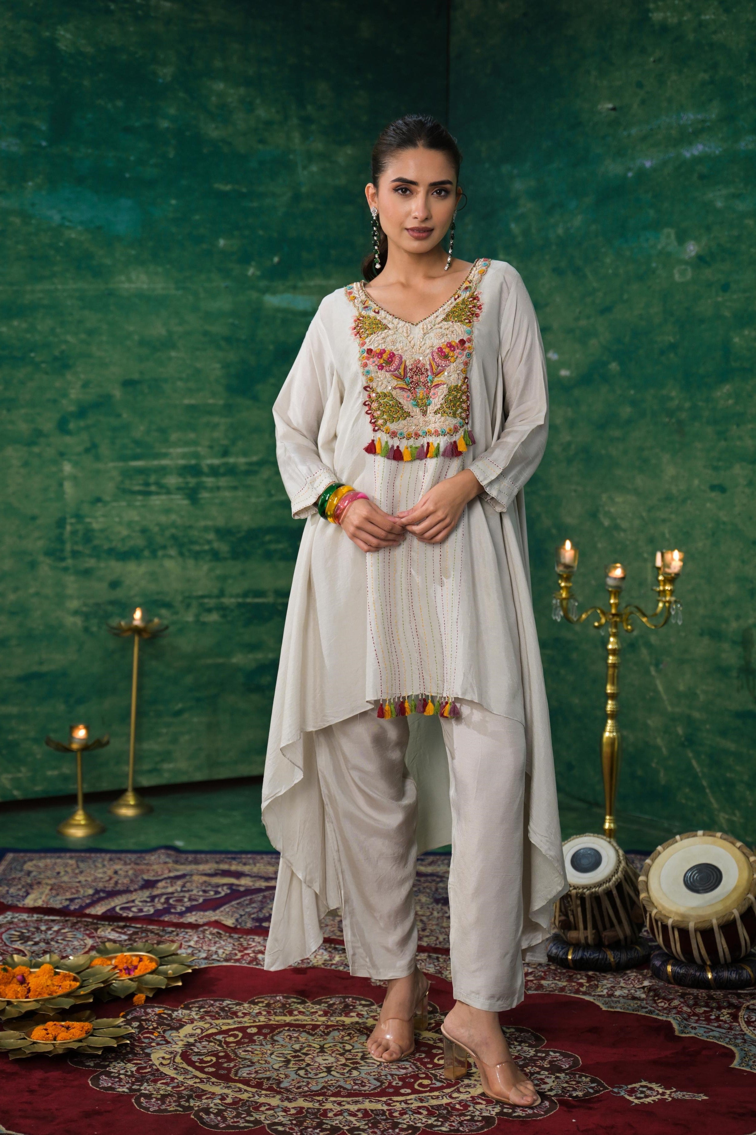 Pastel Grey Embroidered Raw Silk Kurta Set