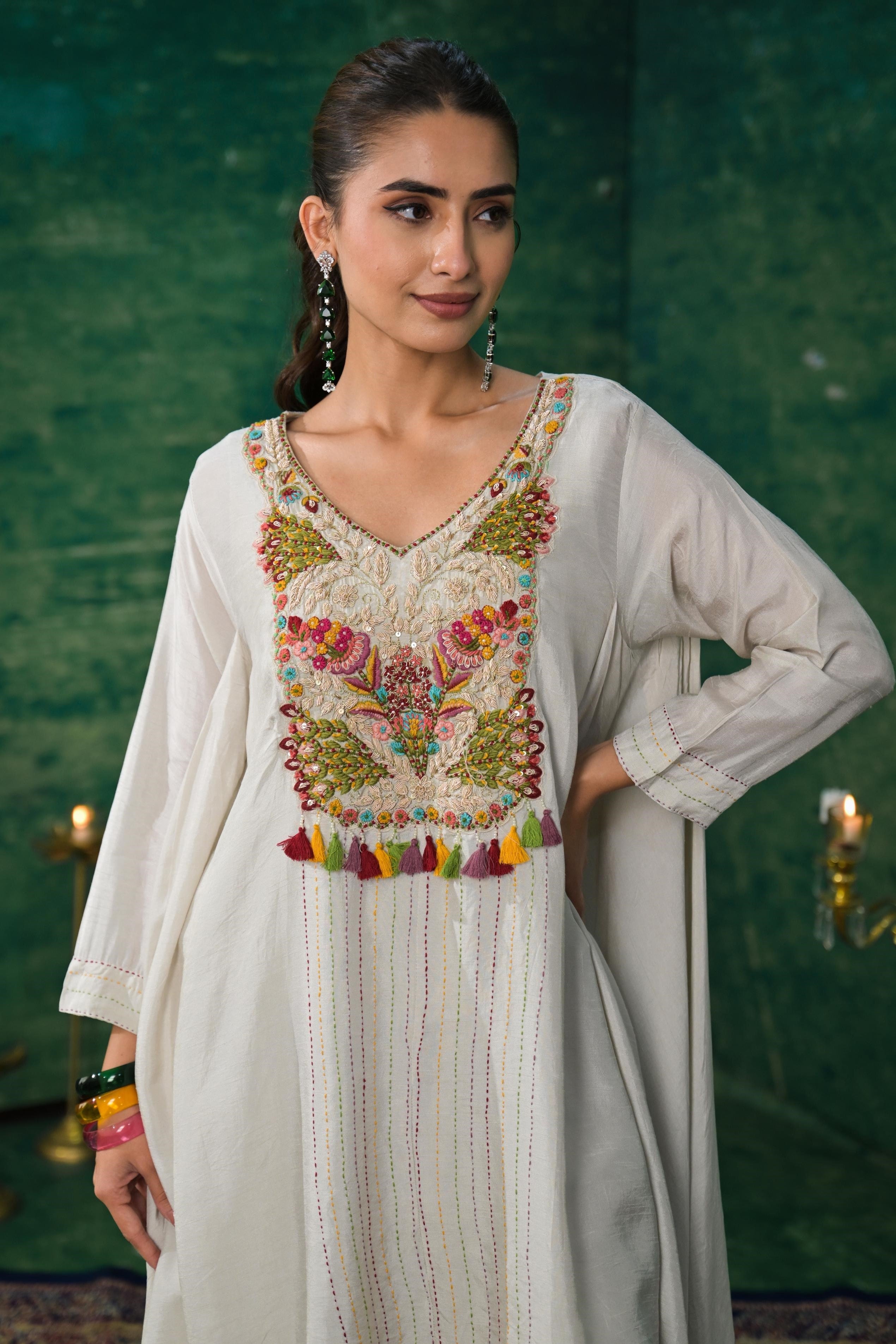 Pastel Grey Embroidered Raw Silk Kurta Set