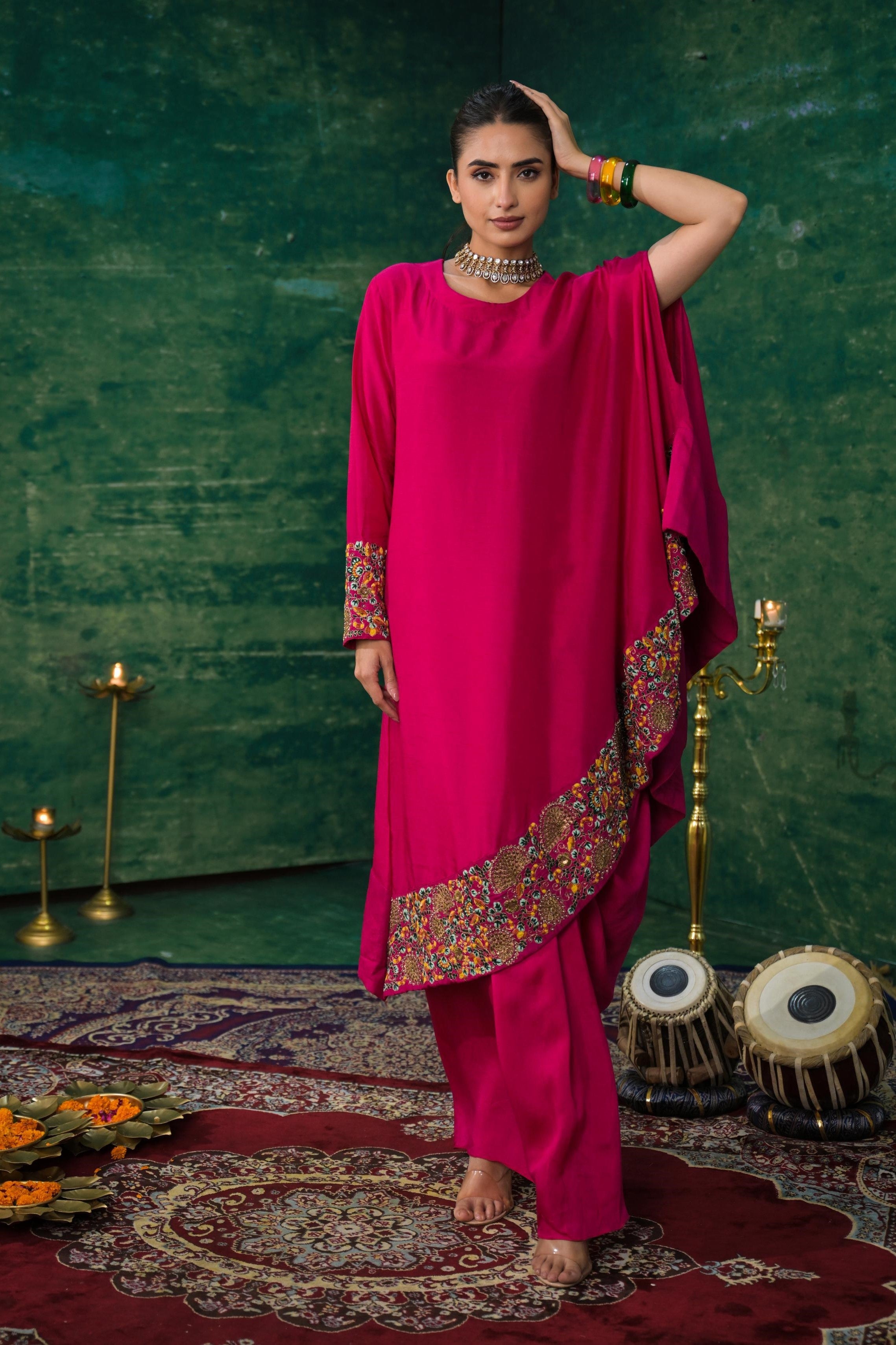 Rani Pink Embroidered Raw Silk Skirt Set