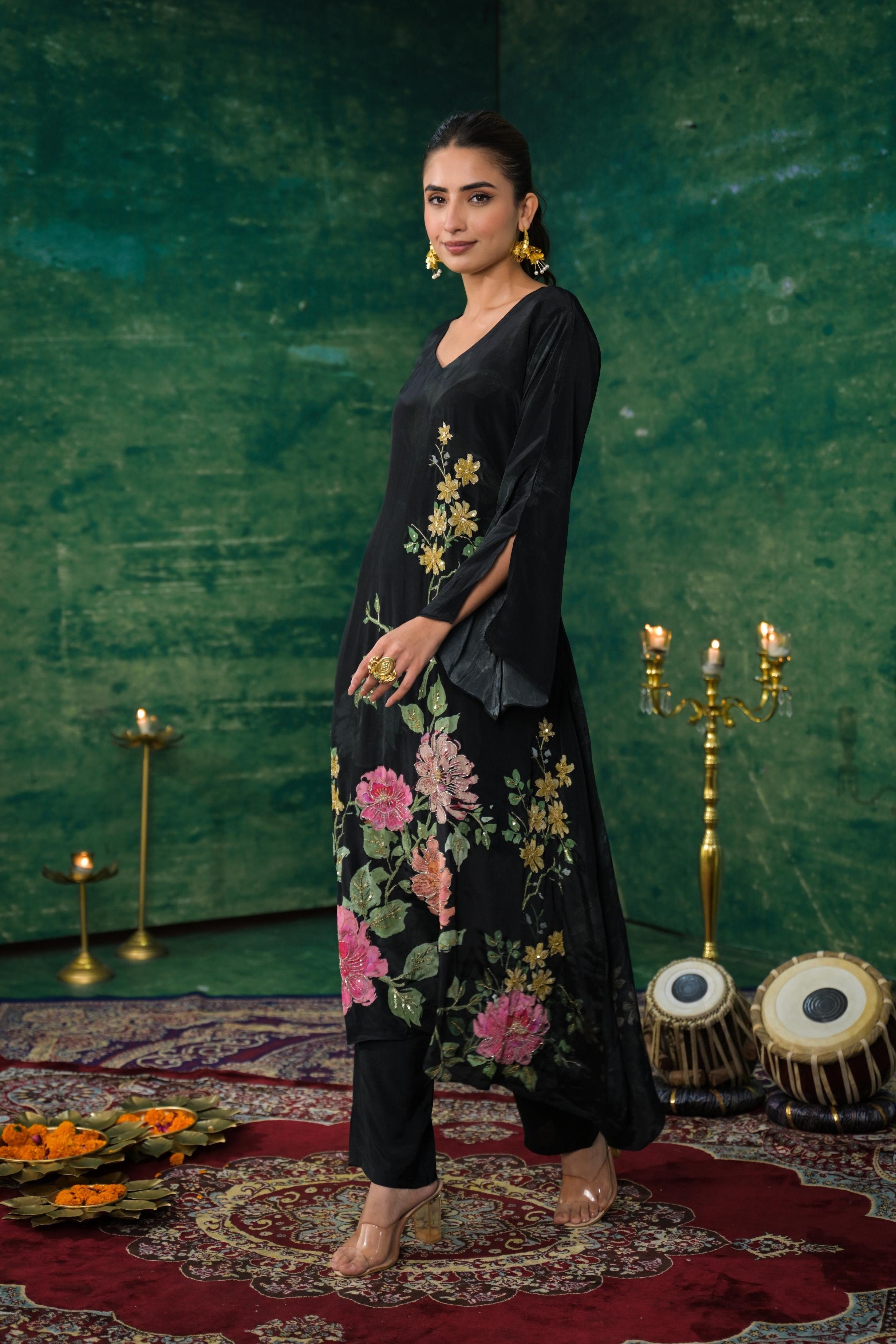 Black Floral Printed Crepe Silk Kurta Set