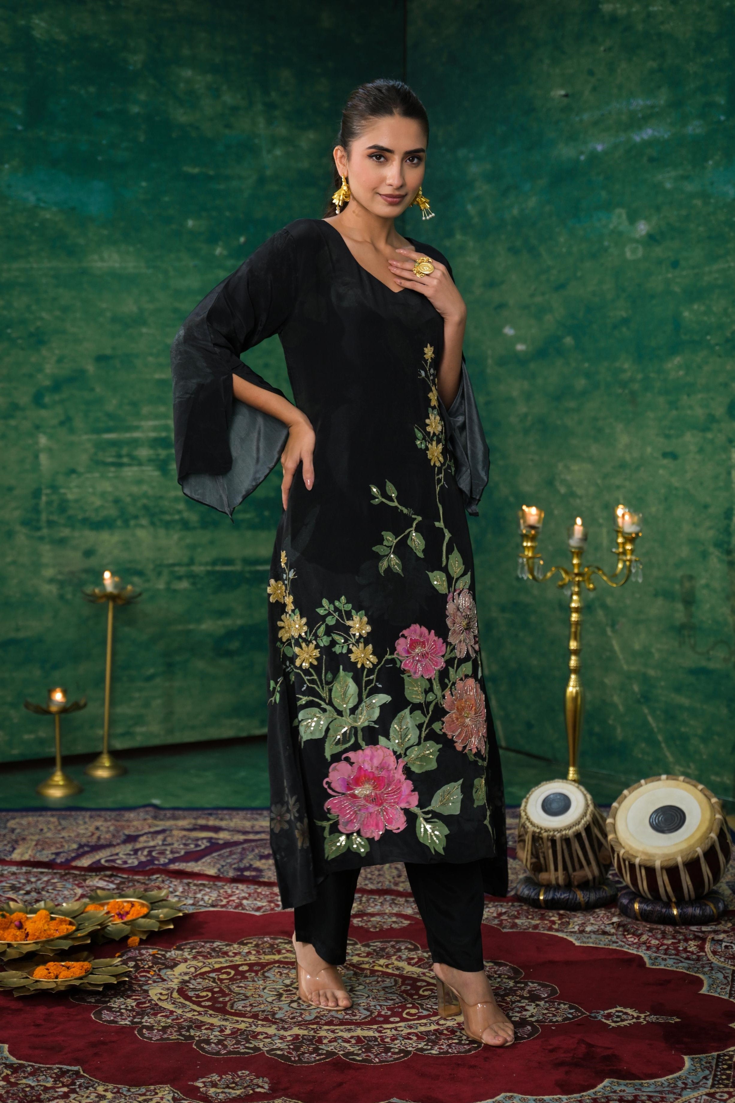 Black Floral Printed Crepe Silk Kurta Set