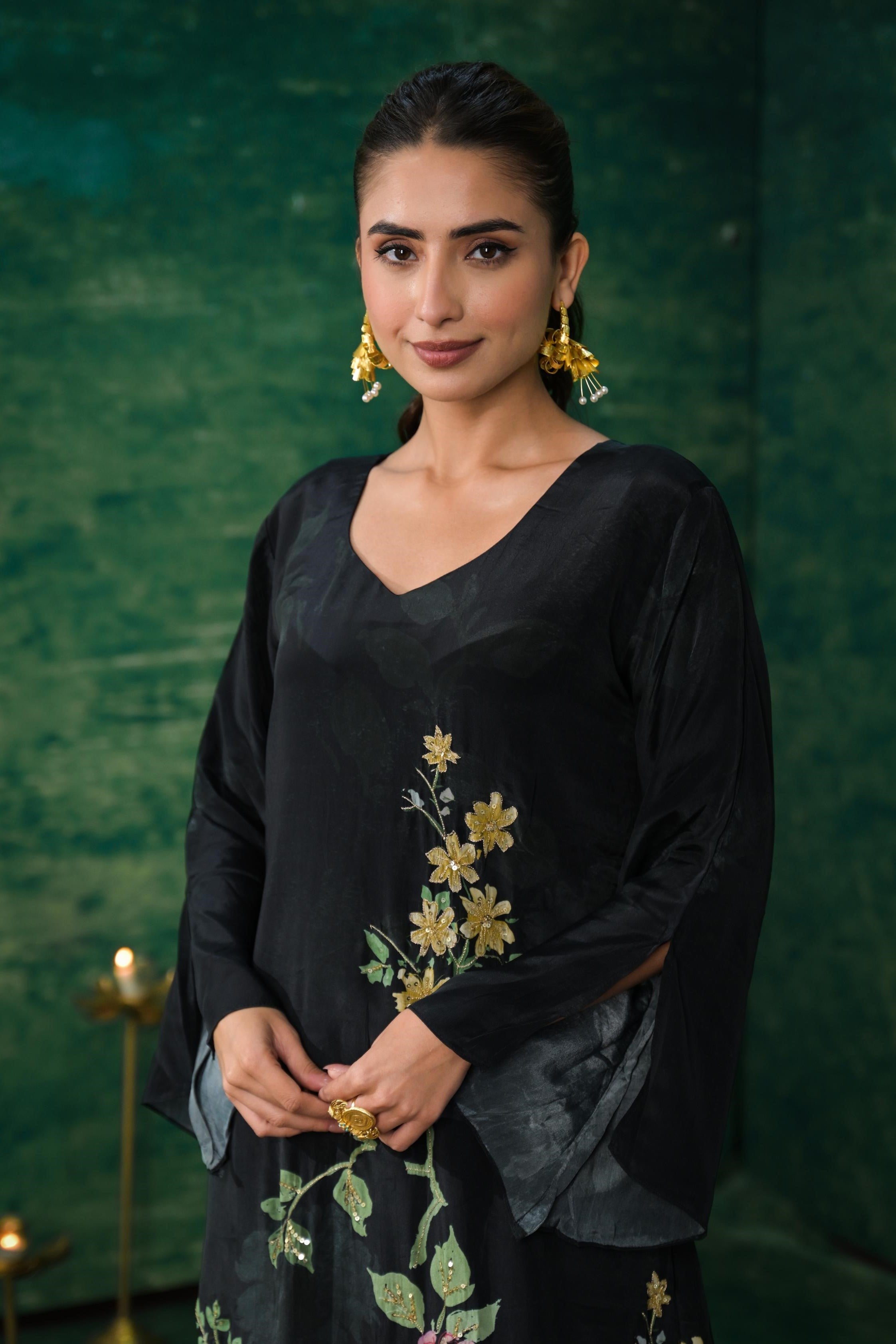 Black Floral Printed Crepe Silk Kurta Set