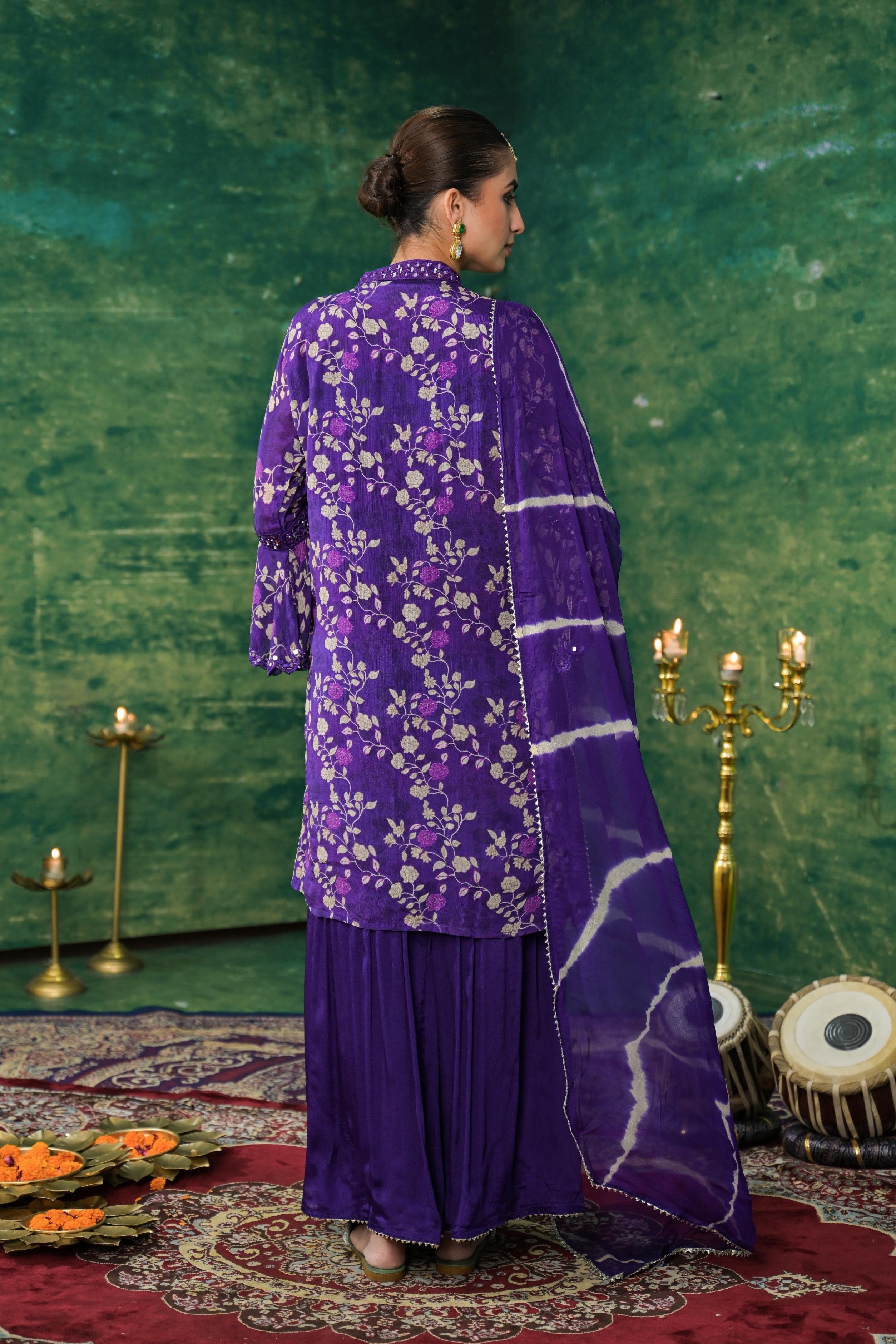 Purple Floral Printed Chinon Silk Sharara Set