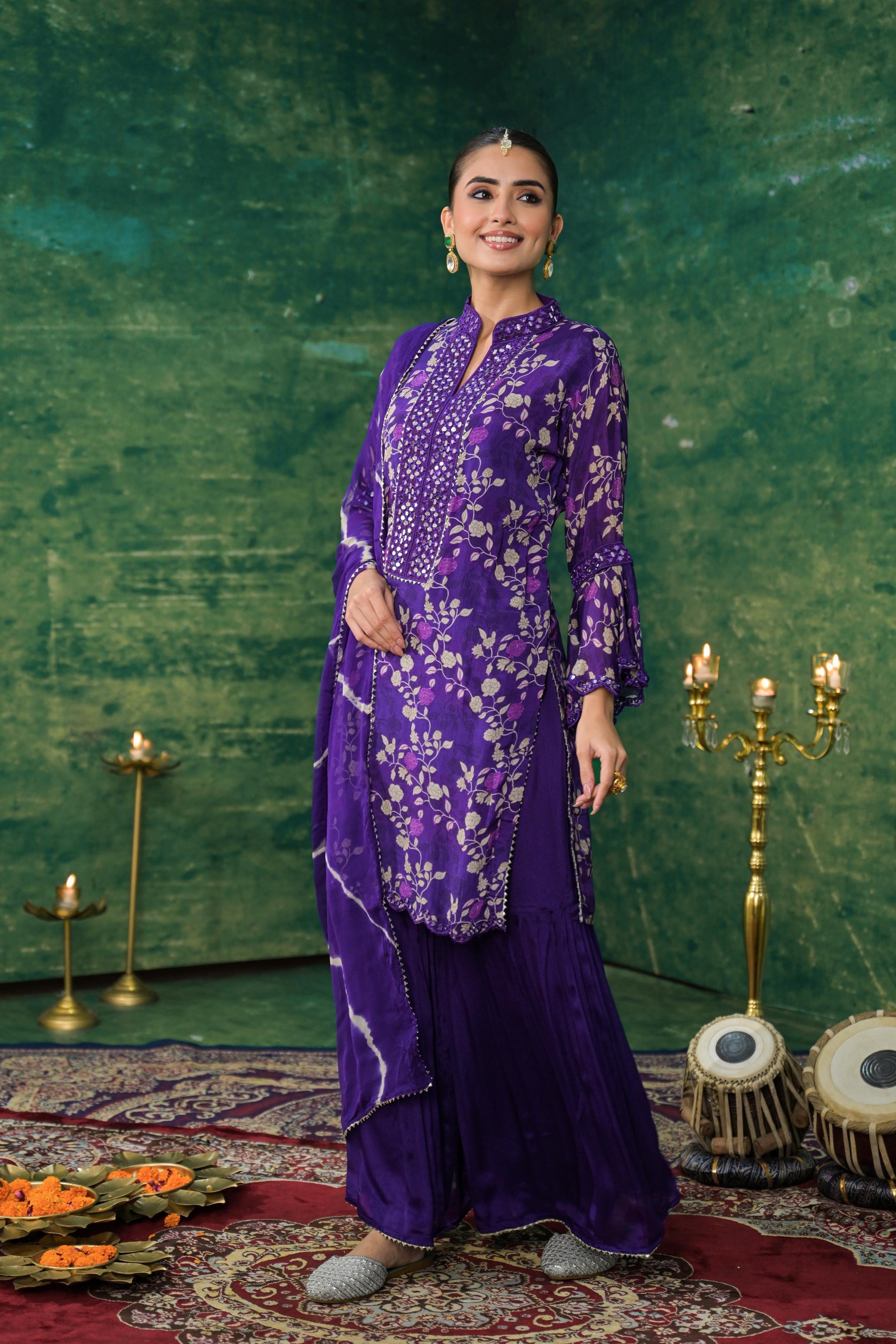 Purple Floral Printed Chinon Silk Sharara Set