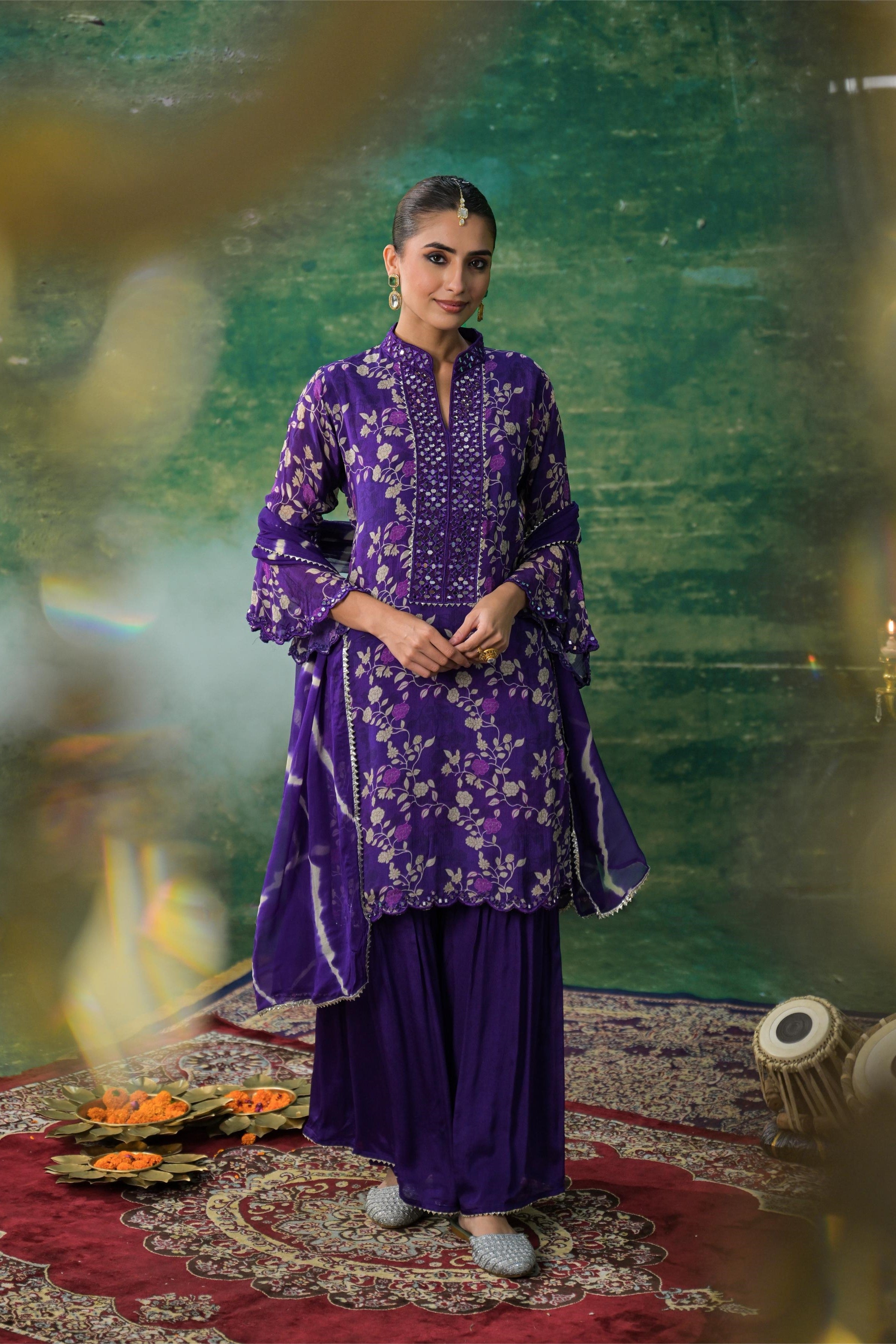 Purple Floral Printed Chinon Silk Sharara Set