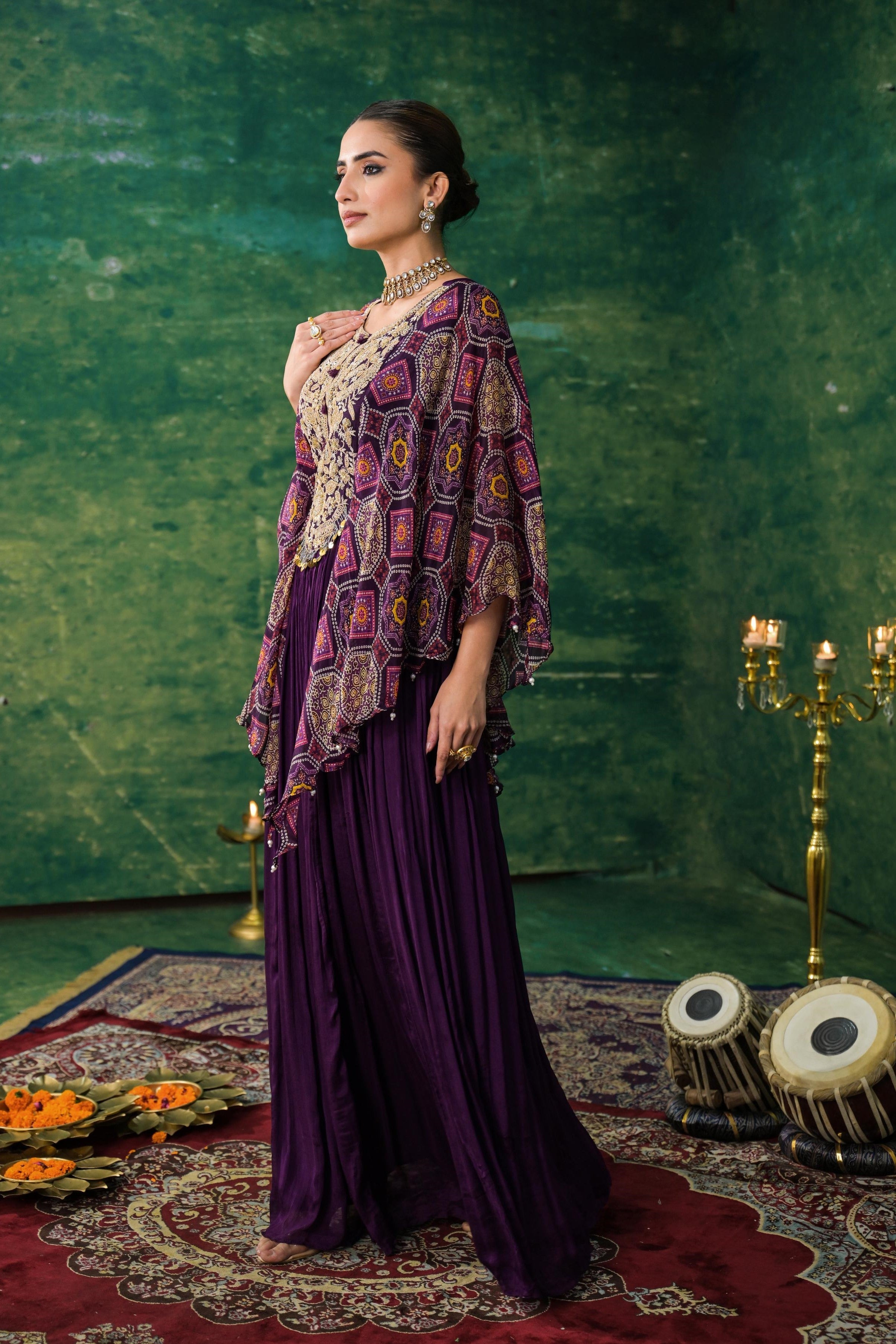 Wine Bandhej Printed Chinon Silk Gown