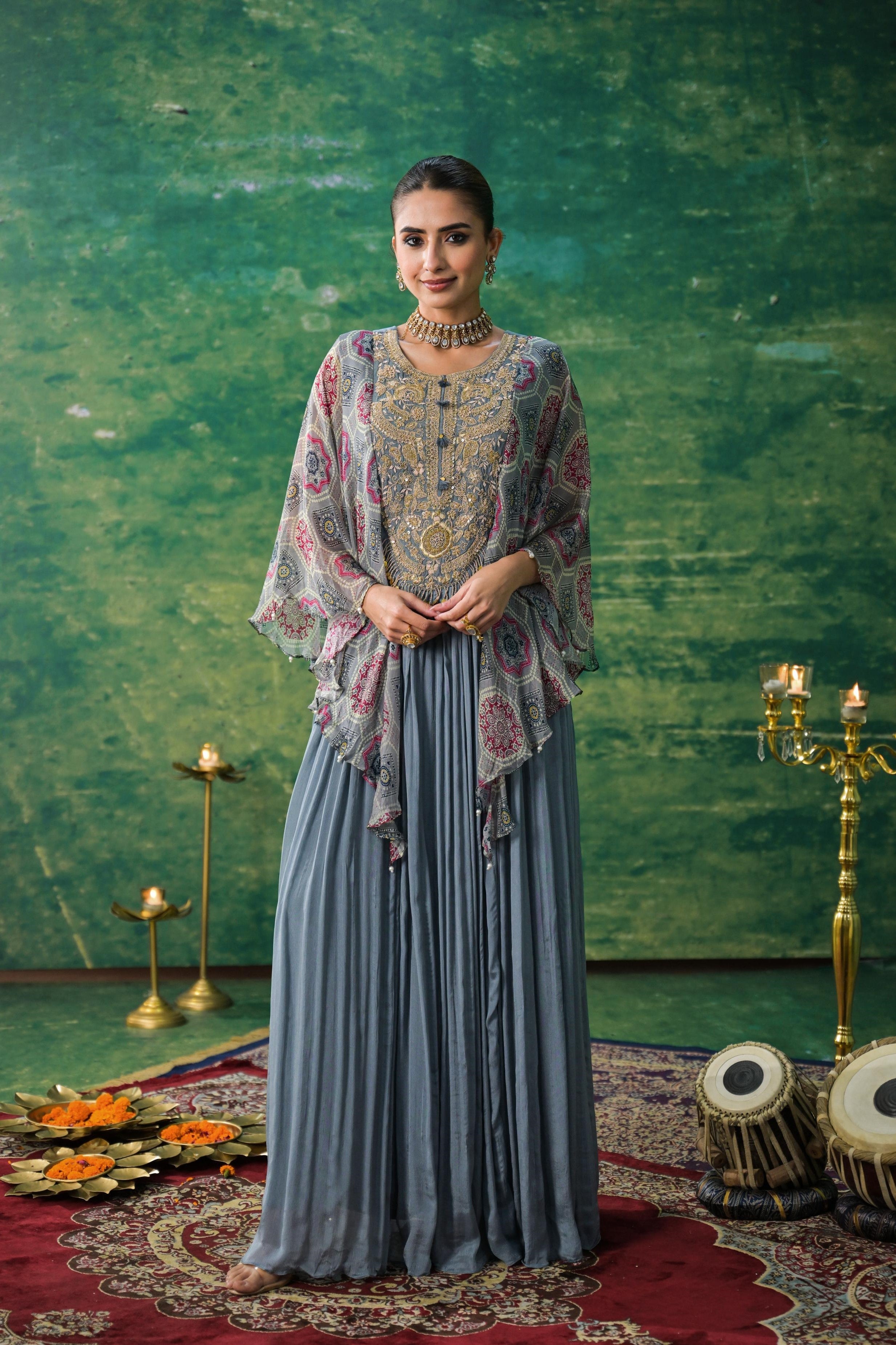 Grey Bandhej Printed Chinon Silk Gown