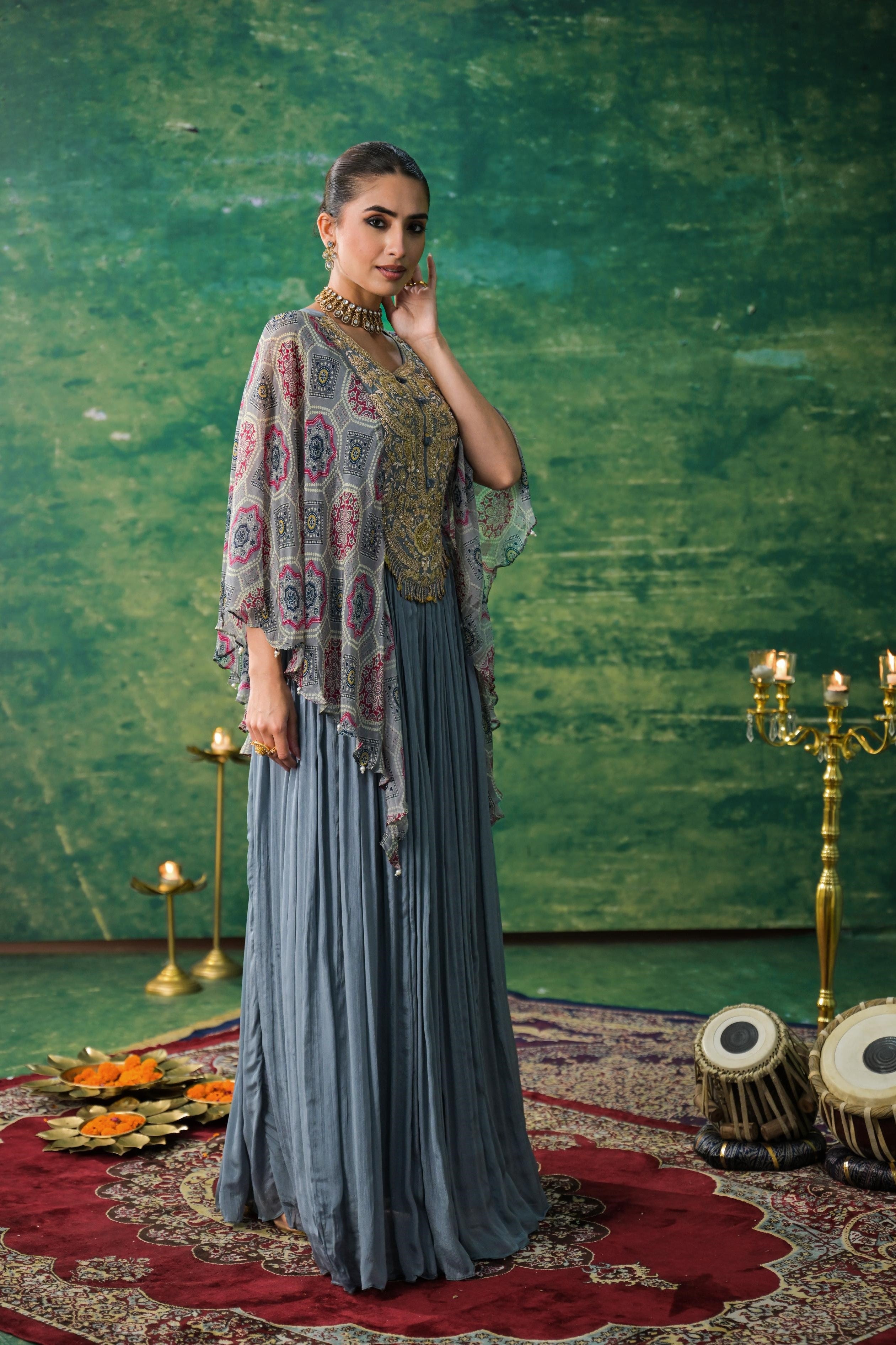 Grey Bandhej Printed Chinon Silk Gown