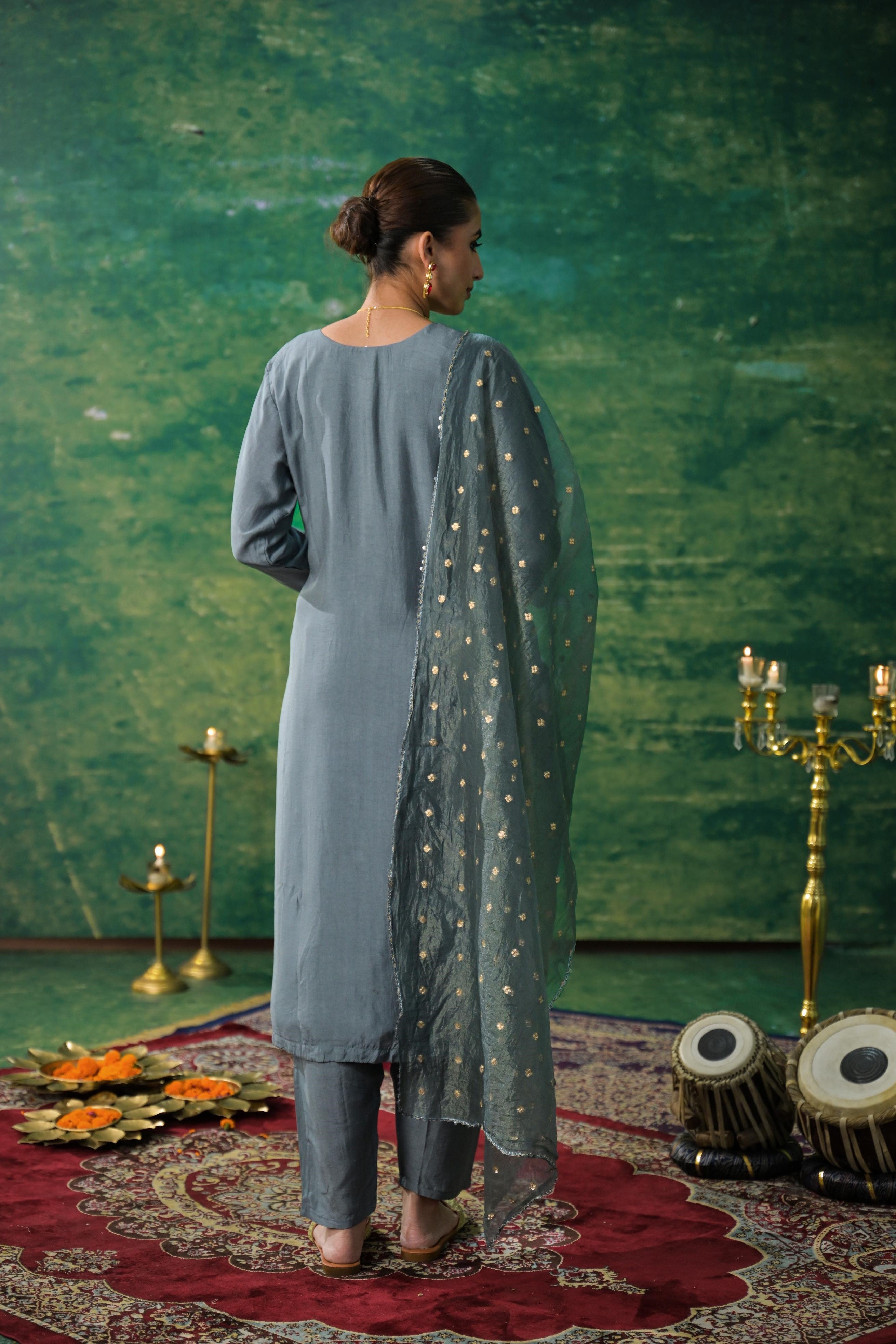 Grey Bandhej Printed Chinon Silk Gown