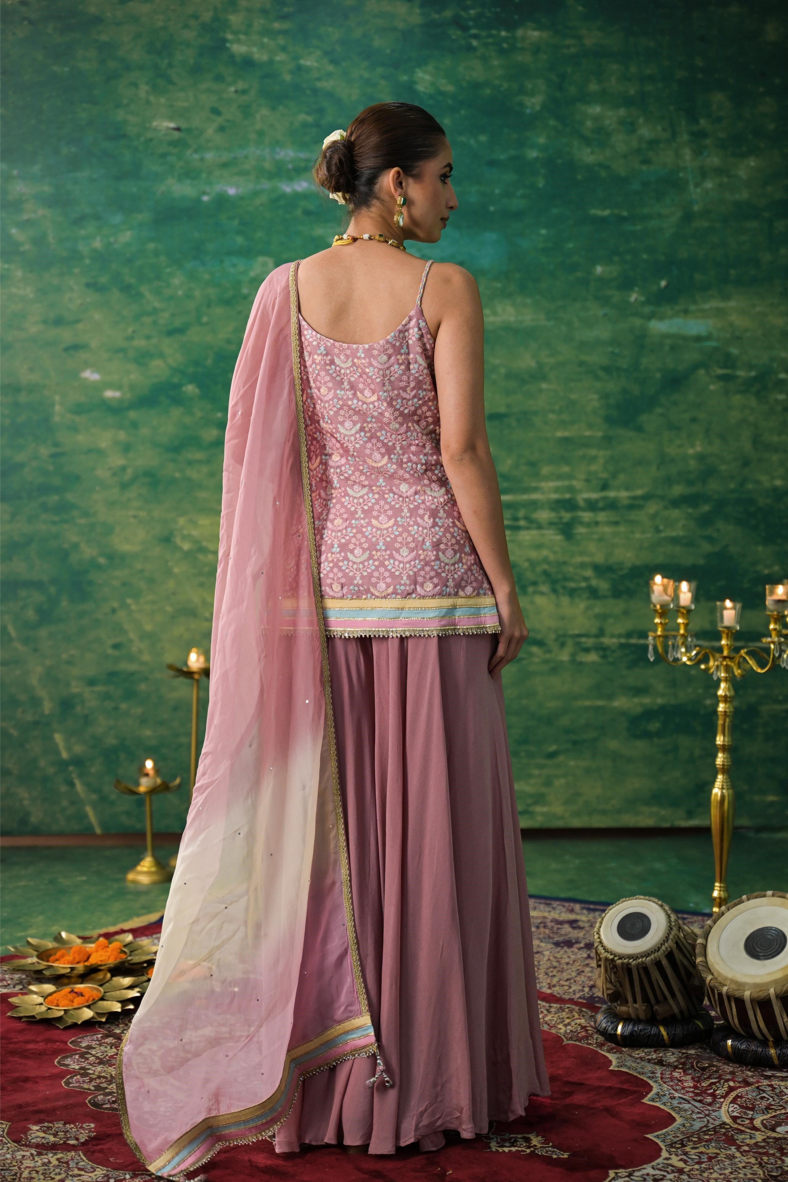 Light Pink Embroidered Raw Silk Palazzo Set