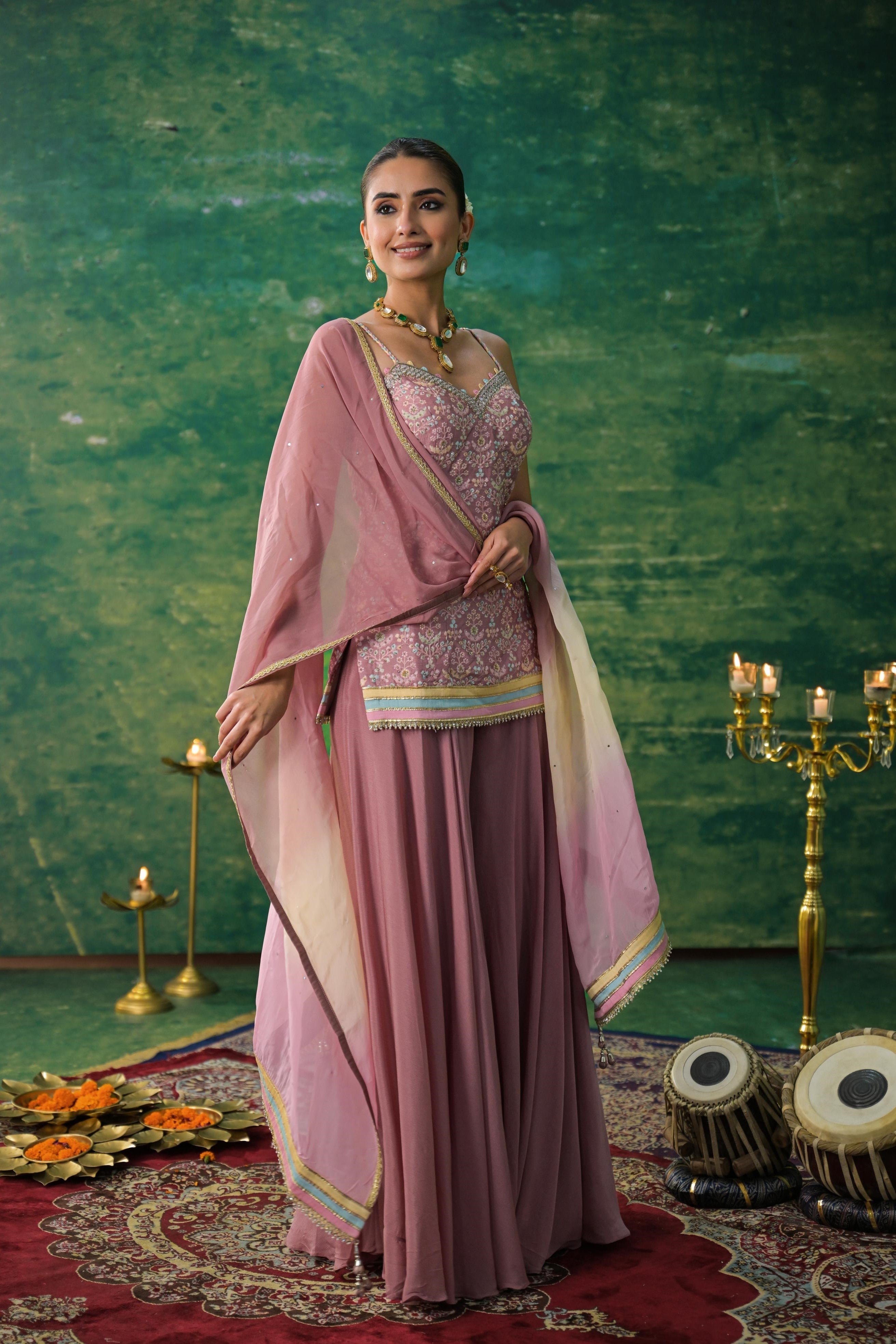 Light Pink Embroidered Raw Silk Palazzo Set