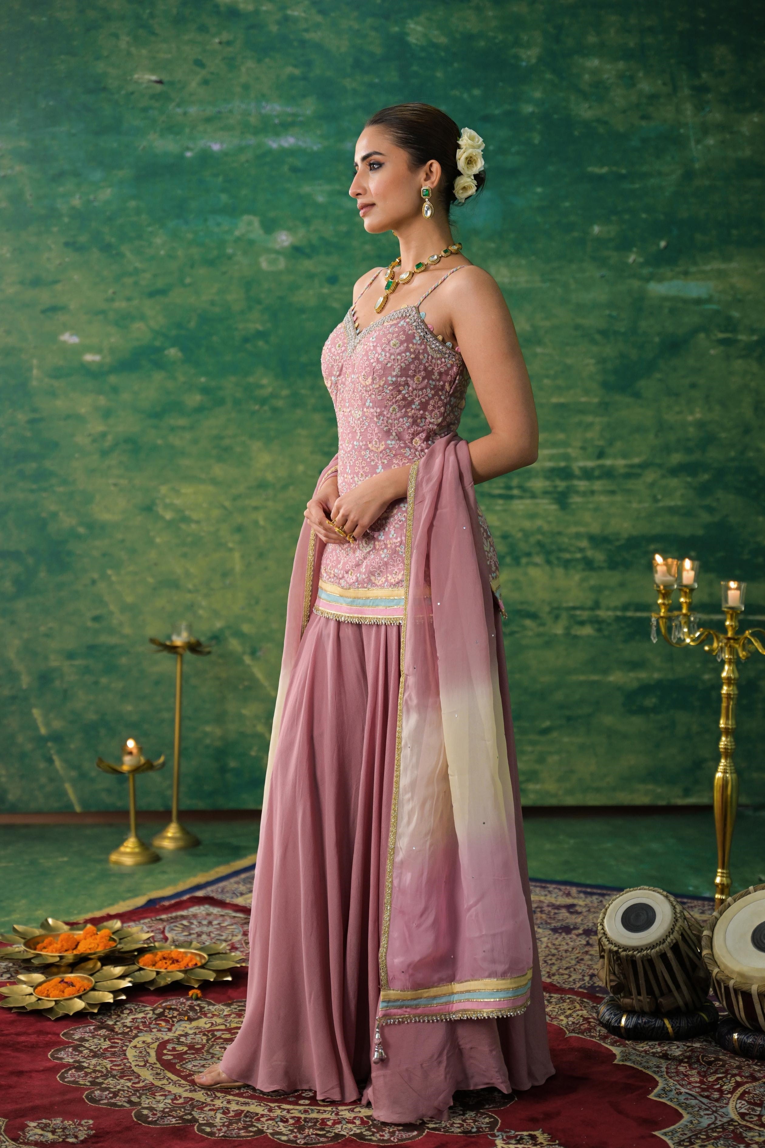 Light Pink Embroidered Raw Silk Palazzo Set