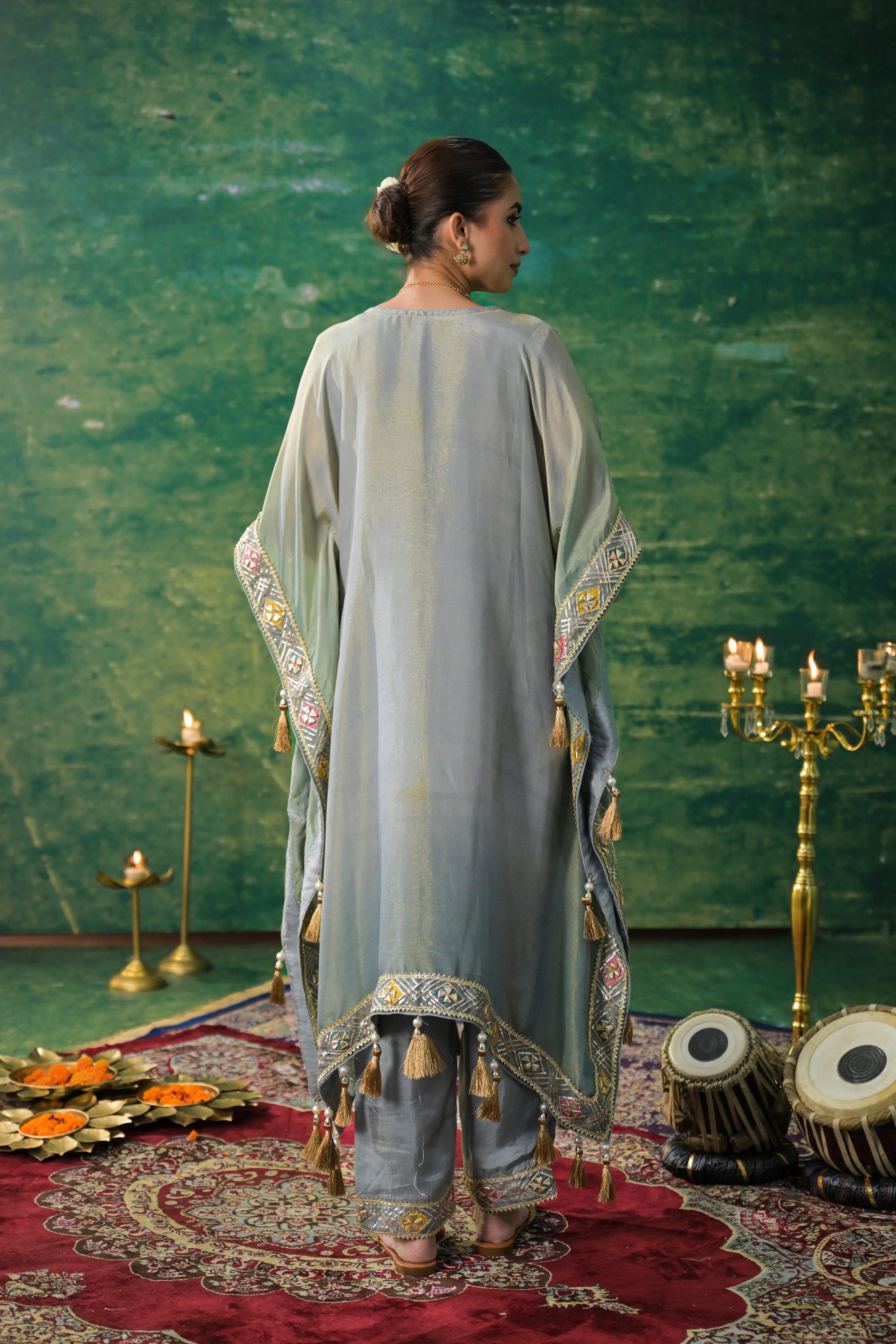 Greyish Teal Shimmer Silk Kaftan Set