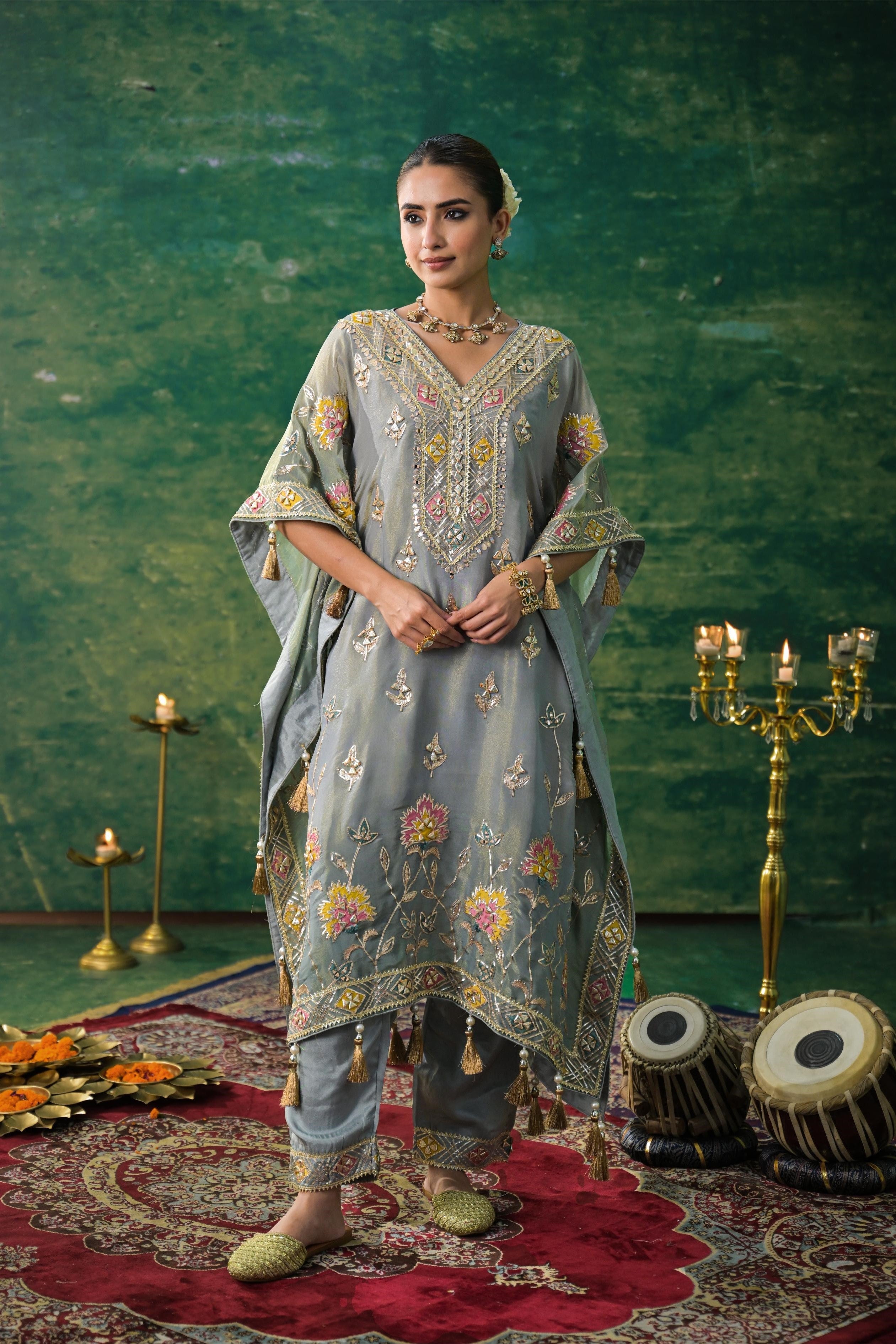 Greyish Teal Shimmer Silk Kaftan Set