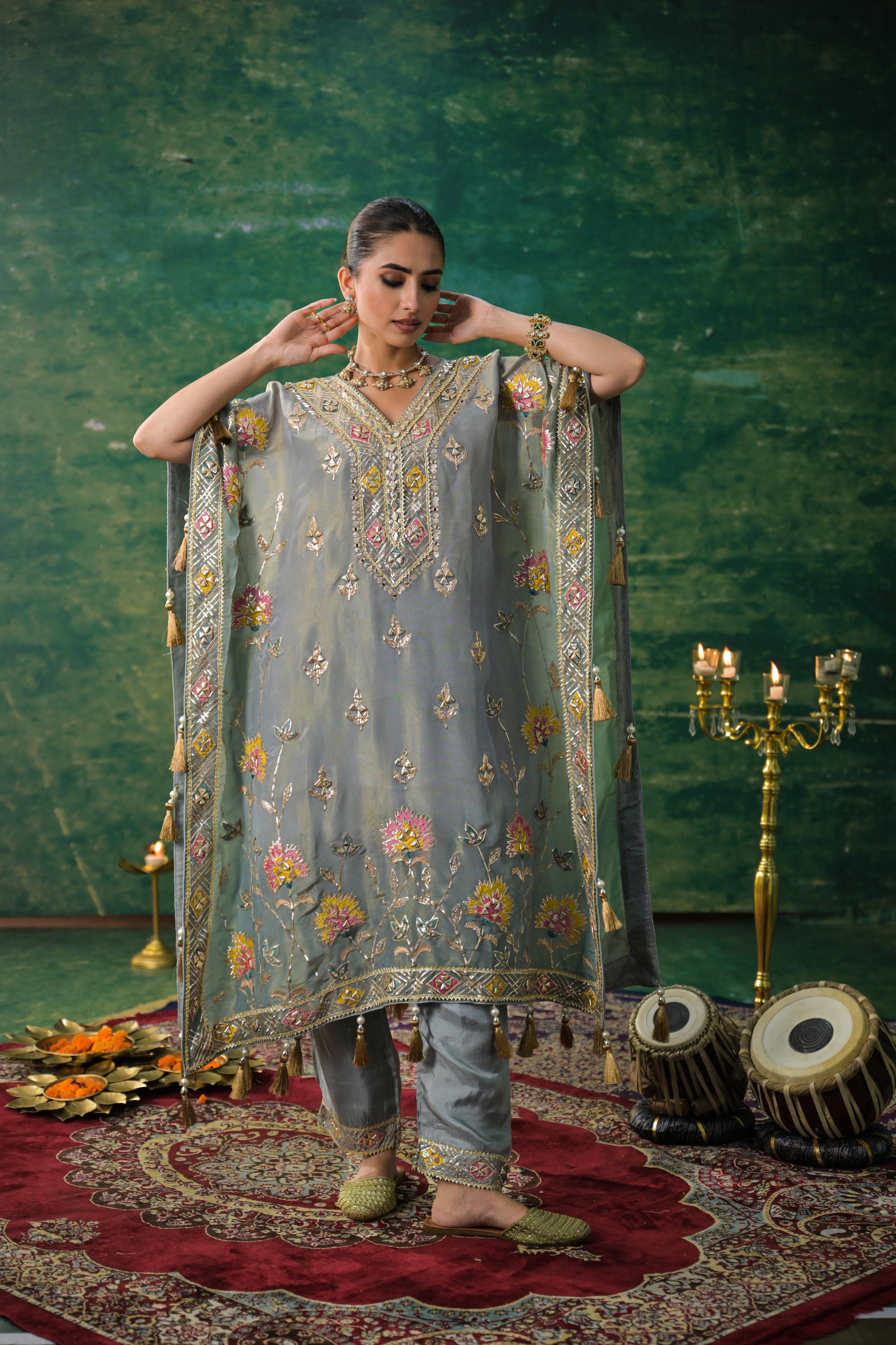 Greyish Teal Shimmer Silk Kaftan Set