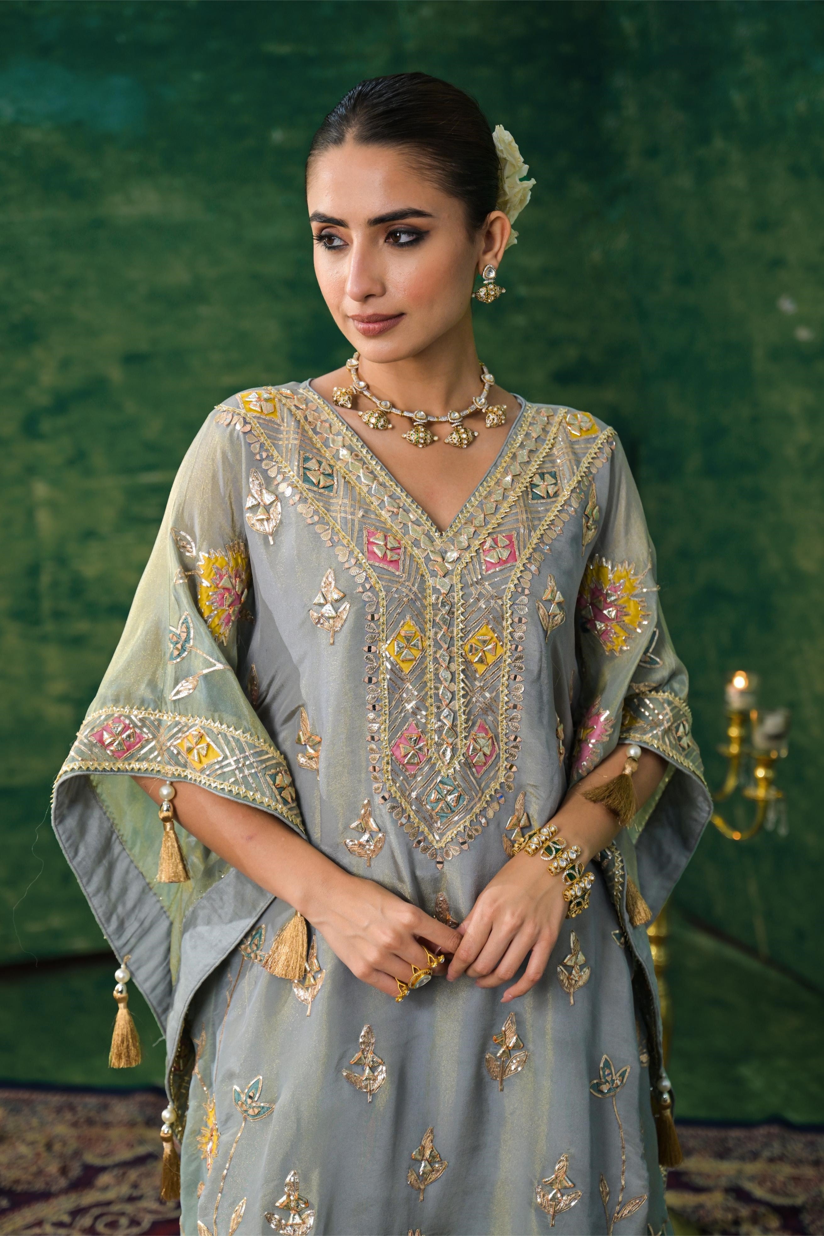 Greyish Teal Shimmer Silk Kaftan Set