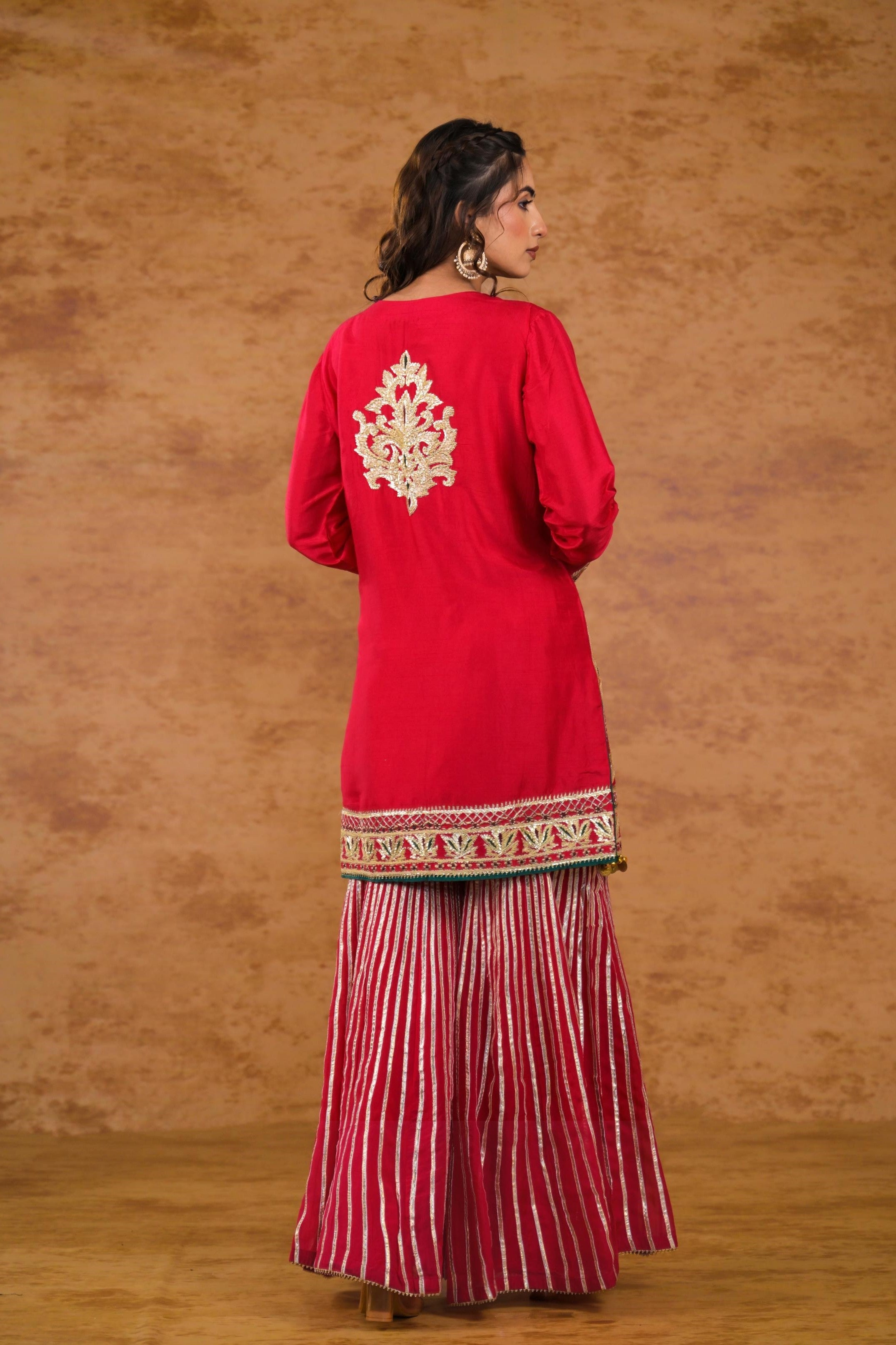 Cerise Pink Embroidered Raw Silk Sharara Set