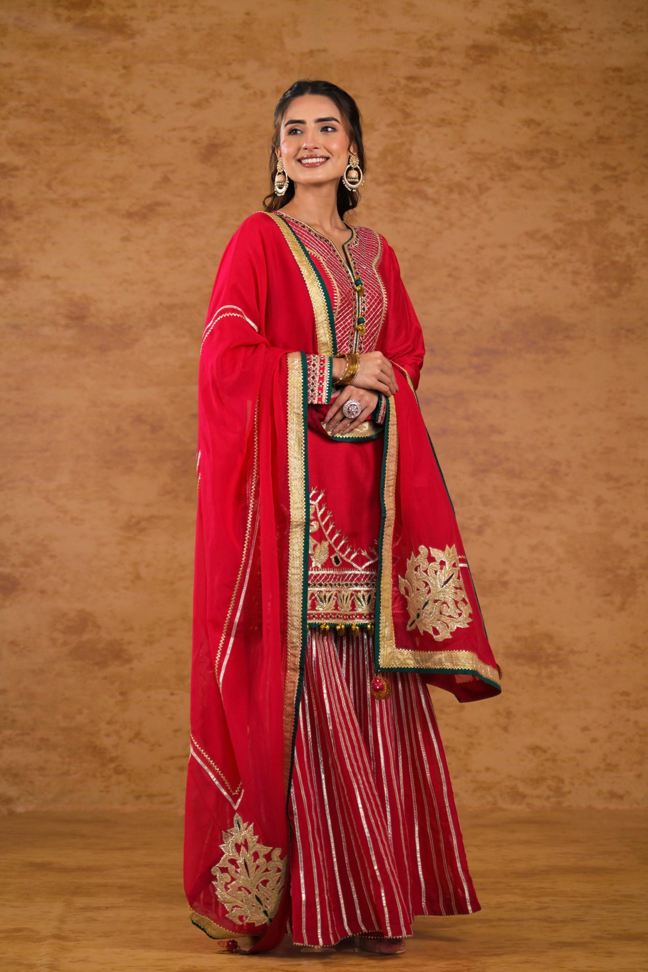 Cerise Pink Embroidered Raw Silk Sharara Set