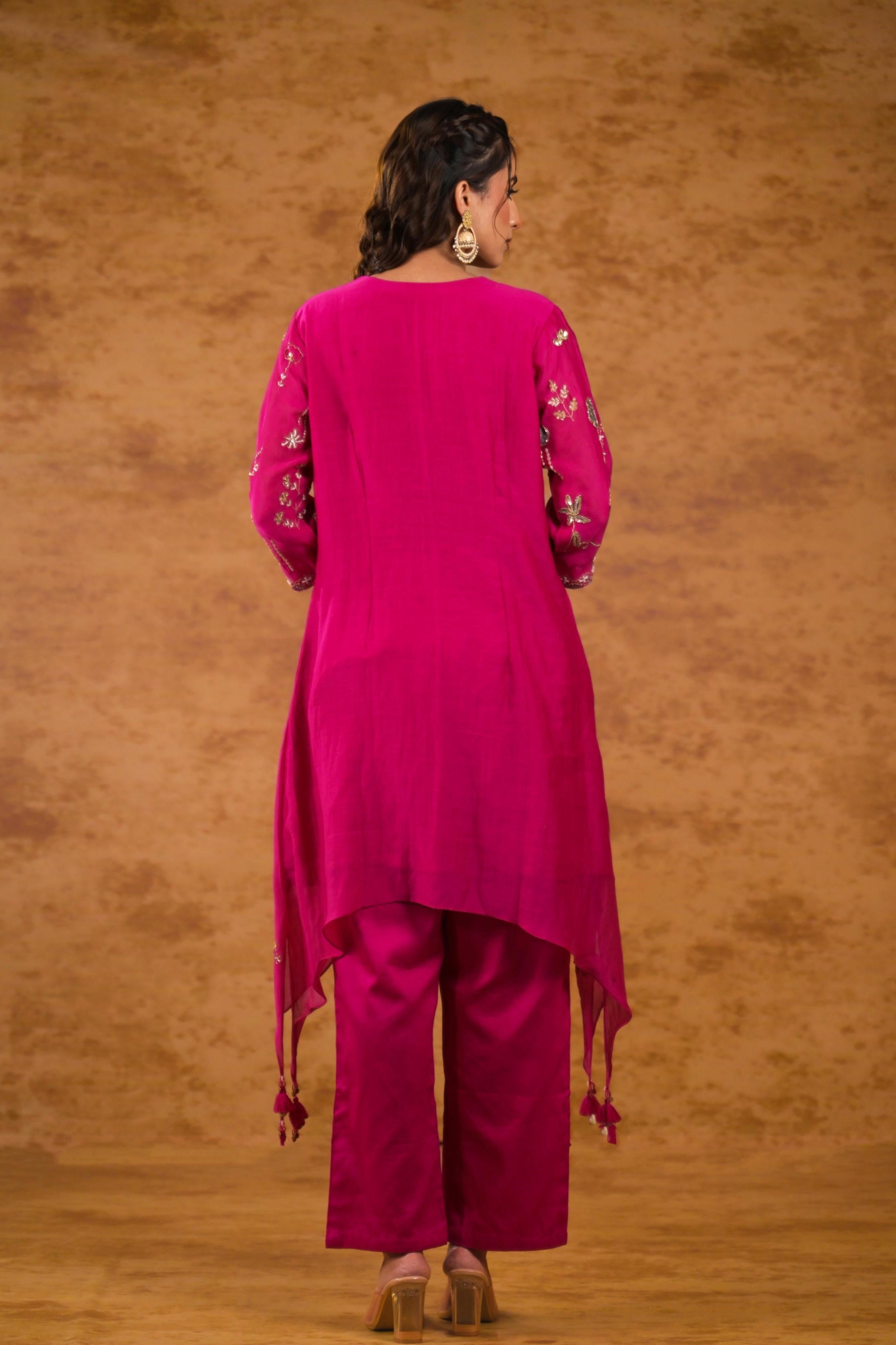 Pink Embroidered Pure Silk Pants Set