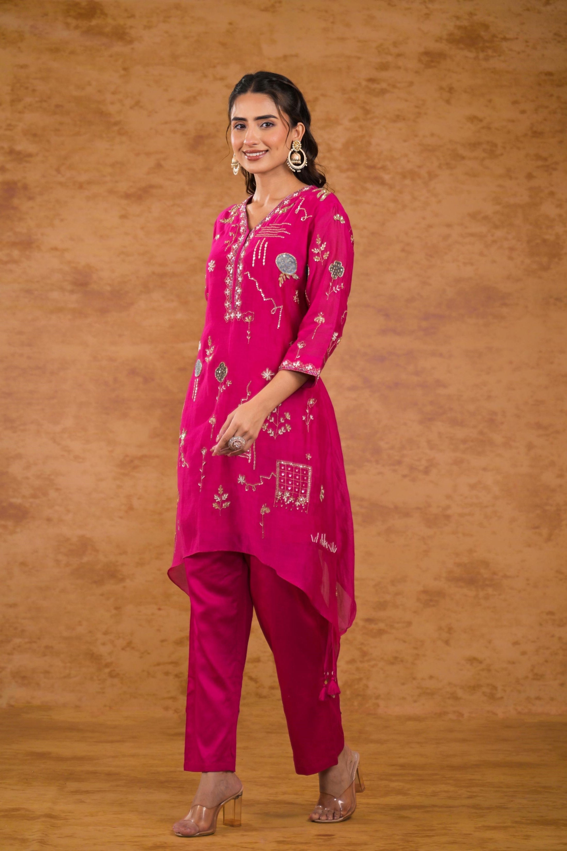 Pink Embroidered Pure Silk Pants Set