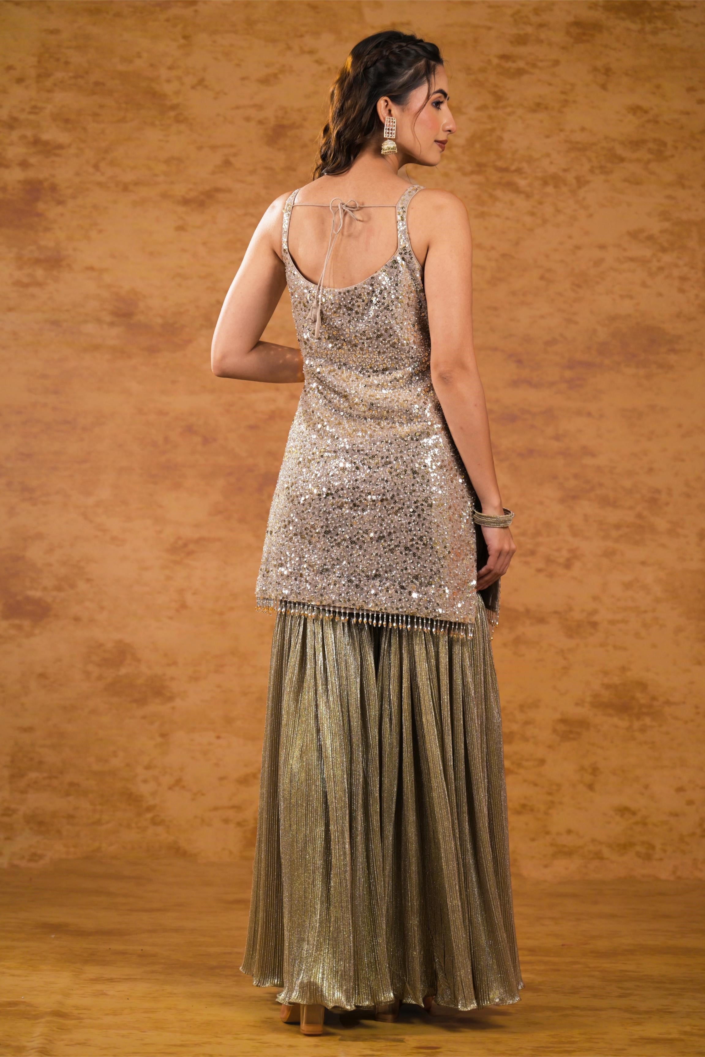 Champagne Embellished Shimmer Metallic Silk Sharara Set