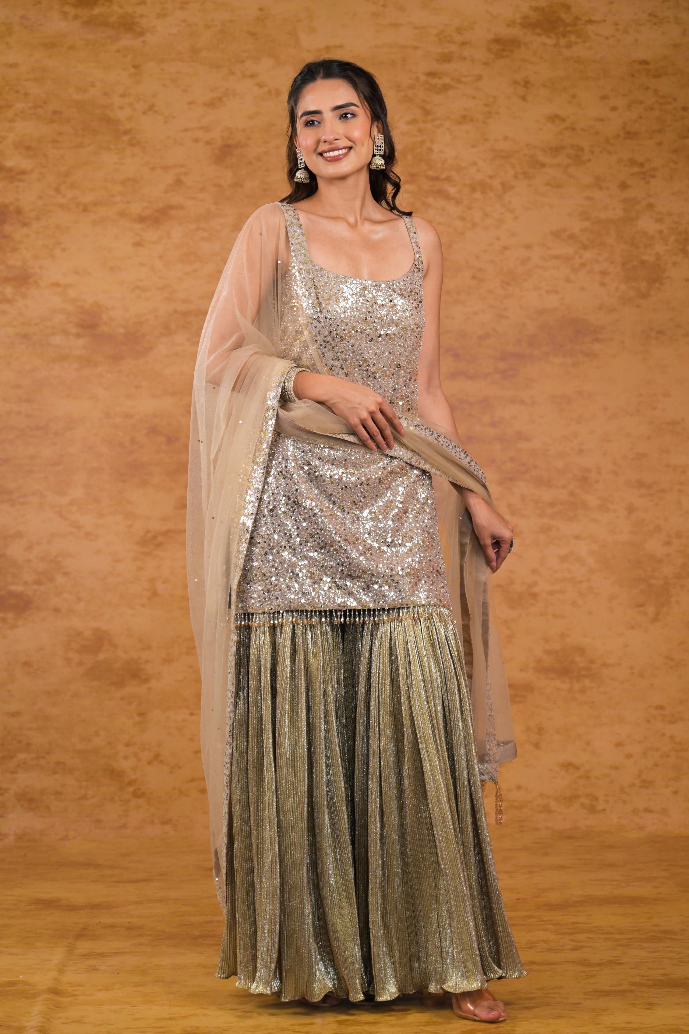 Champagne Embellished Shimmer Metallic Silk Sharara Set