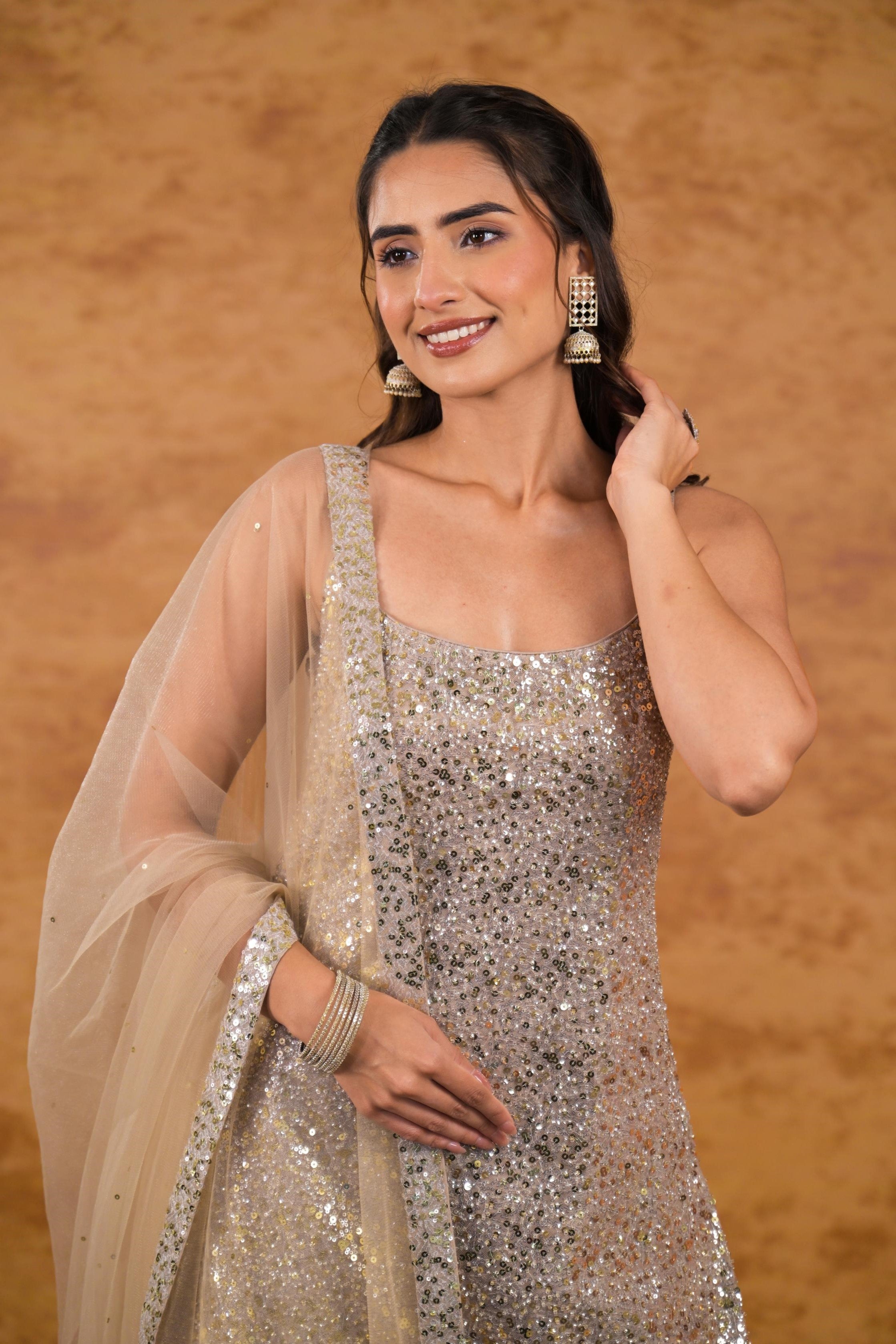 Champagne Embellished Shimmer Metallic Silk Sharara Set