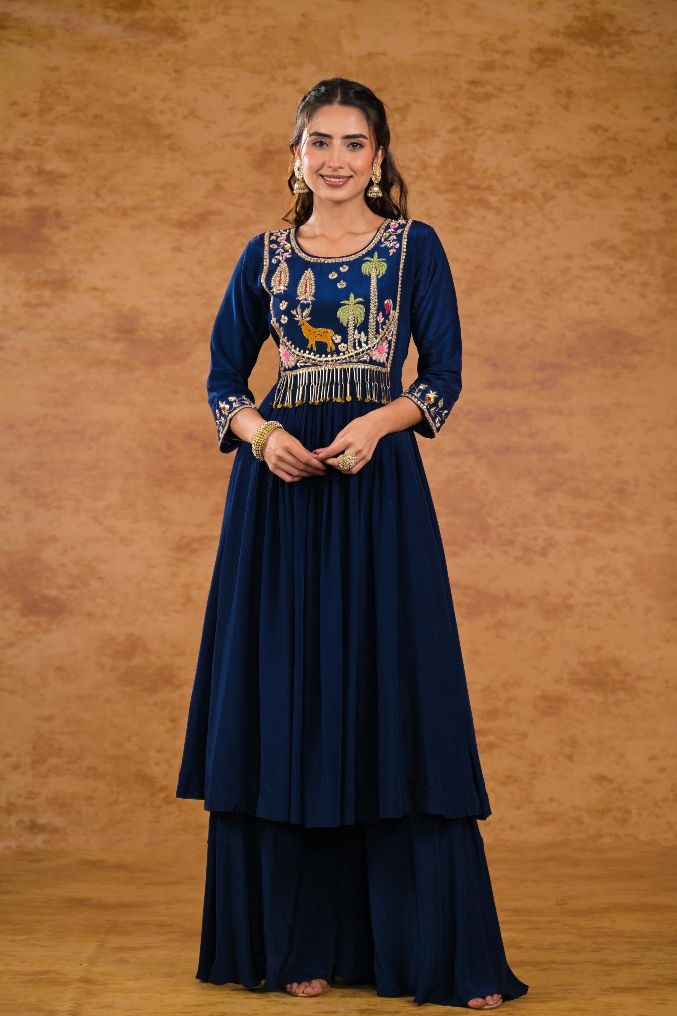 Deep Blue Embroidered Premium Silk Palazzo Set