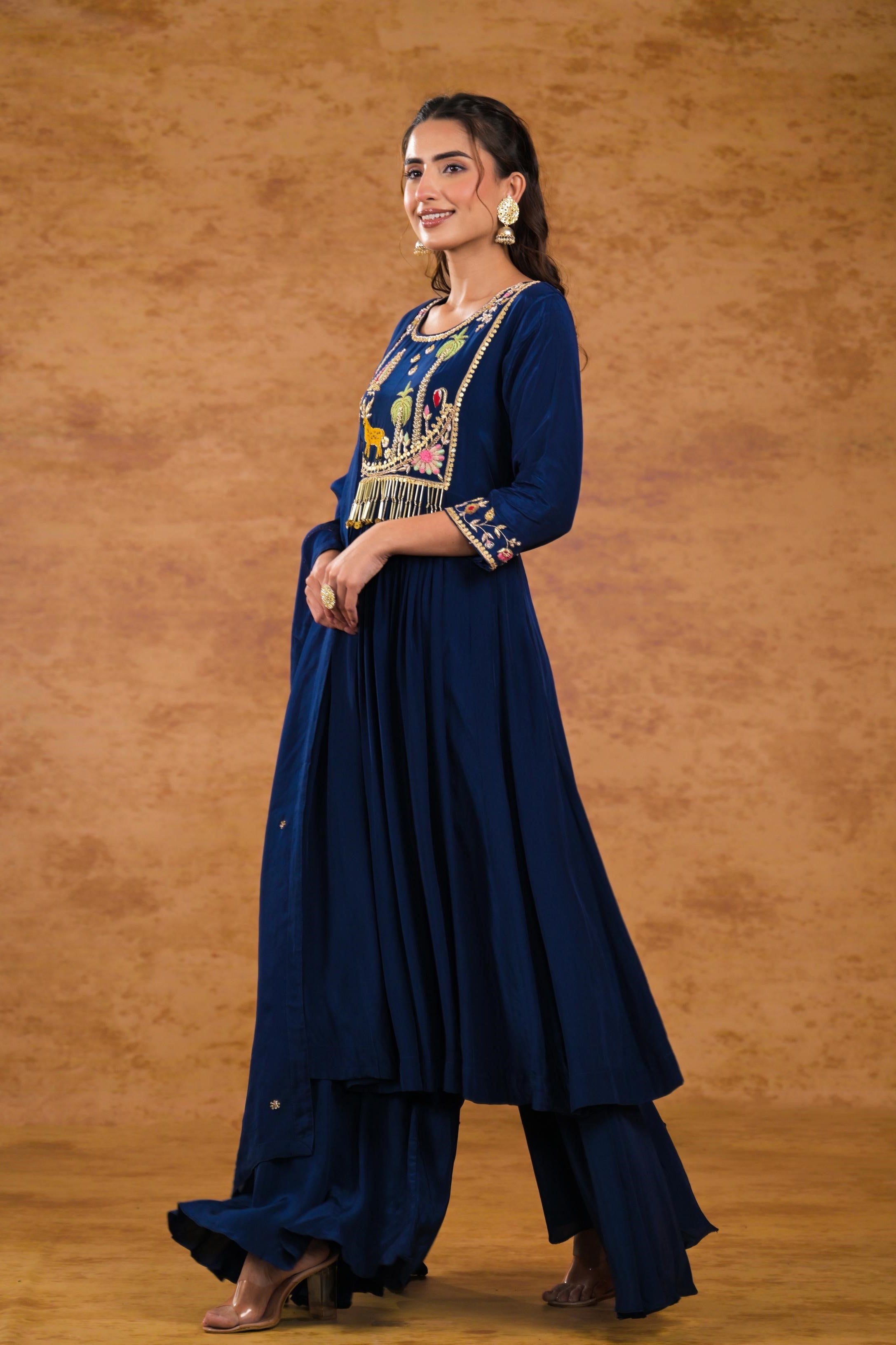 Deep Blue Embroidered Premium Silk Palazzo Set