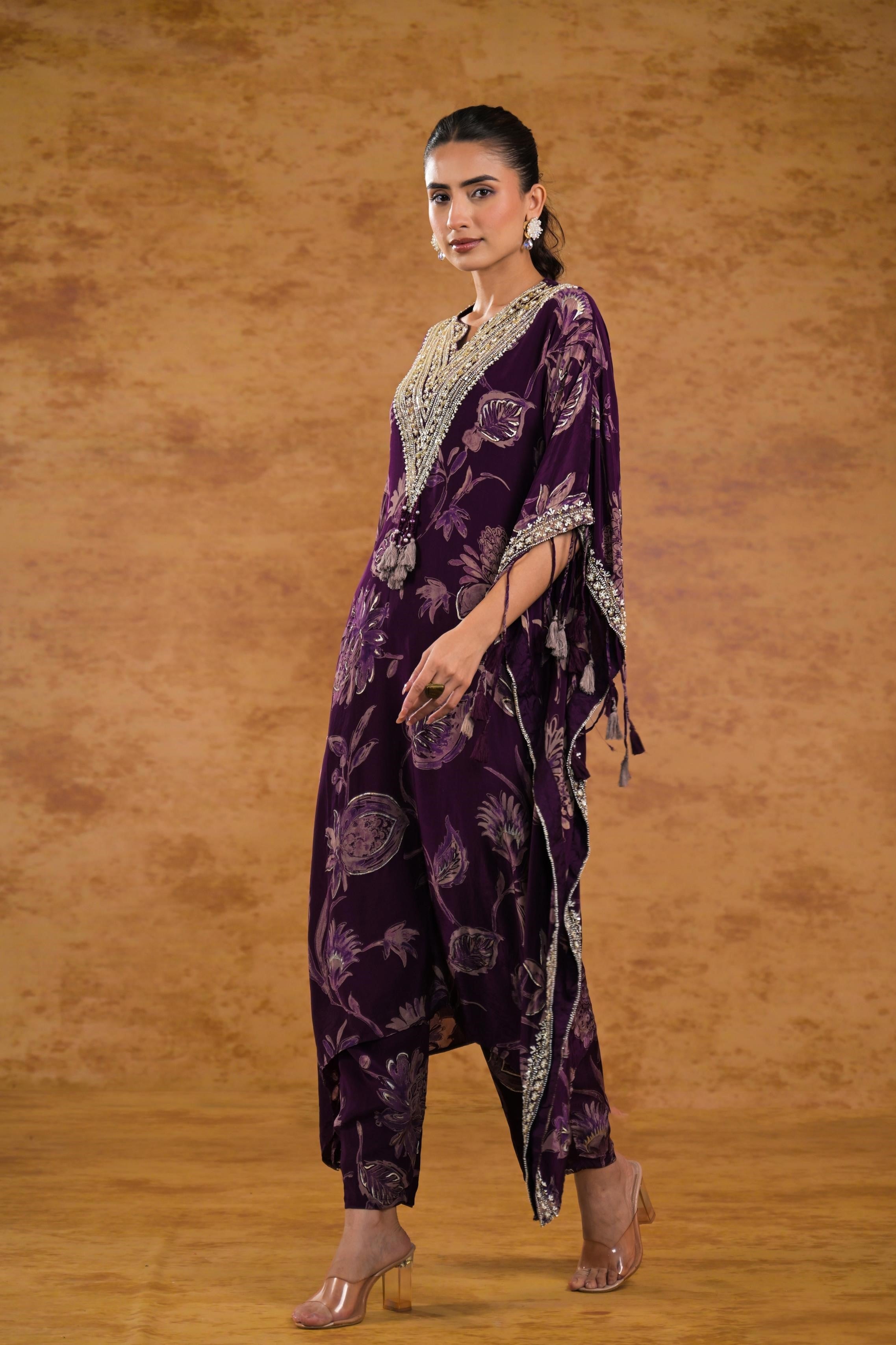 Wine Floral Printed Crepe Silk Kaftan Set