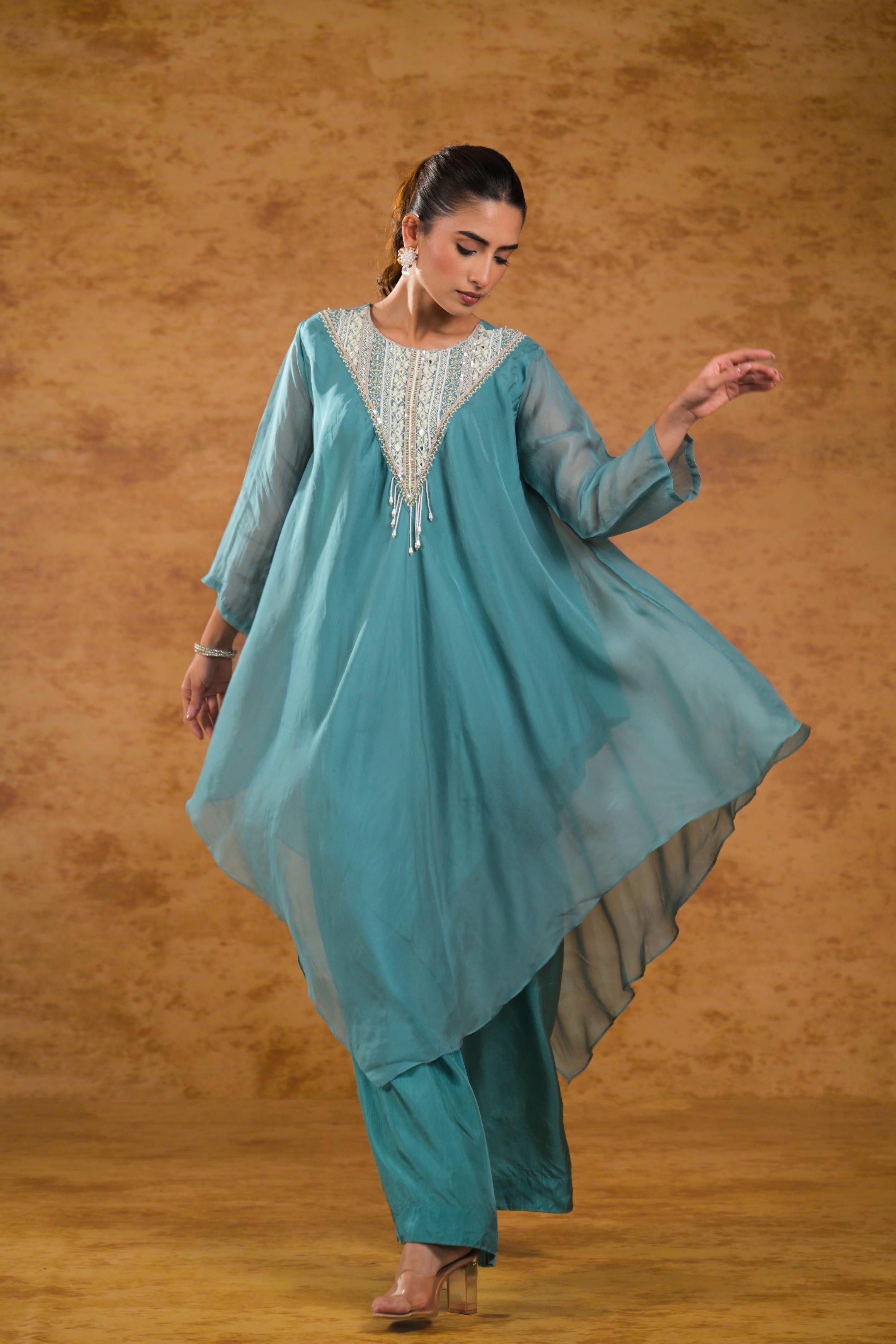 Light Teal Embellished Organza Silk Kurta Set