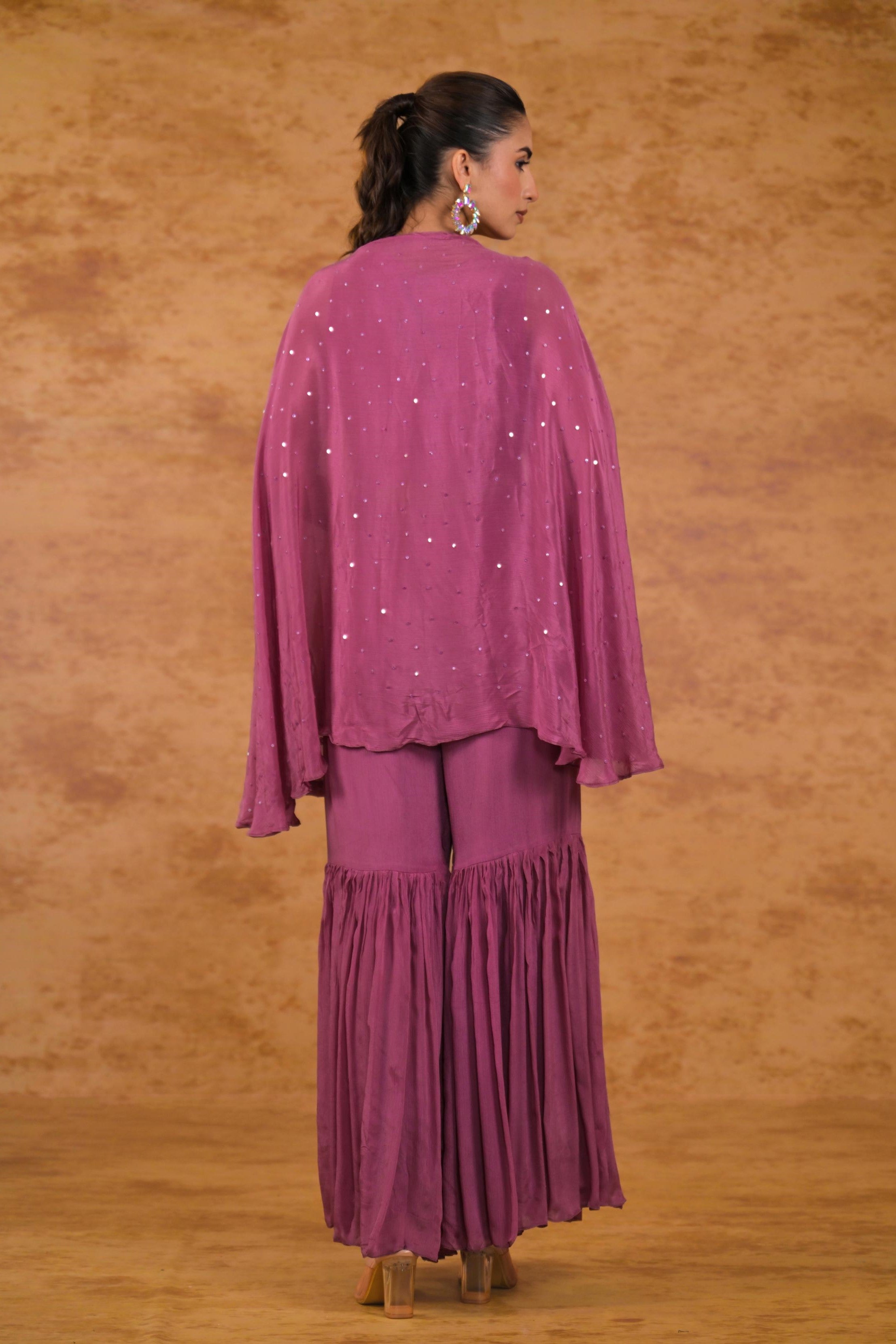 Dark Mauve Embroidered Chinon Silk Cape Set